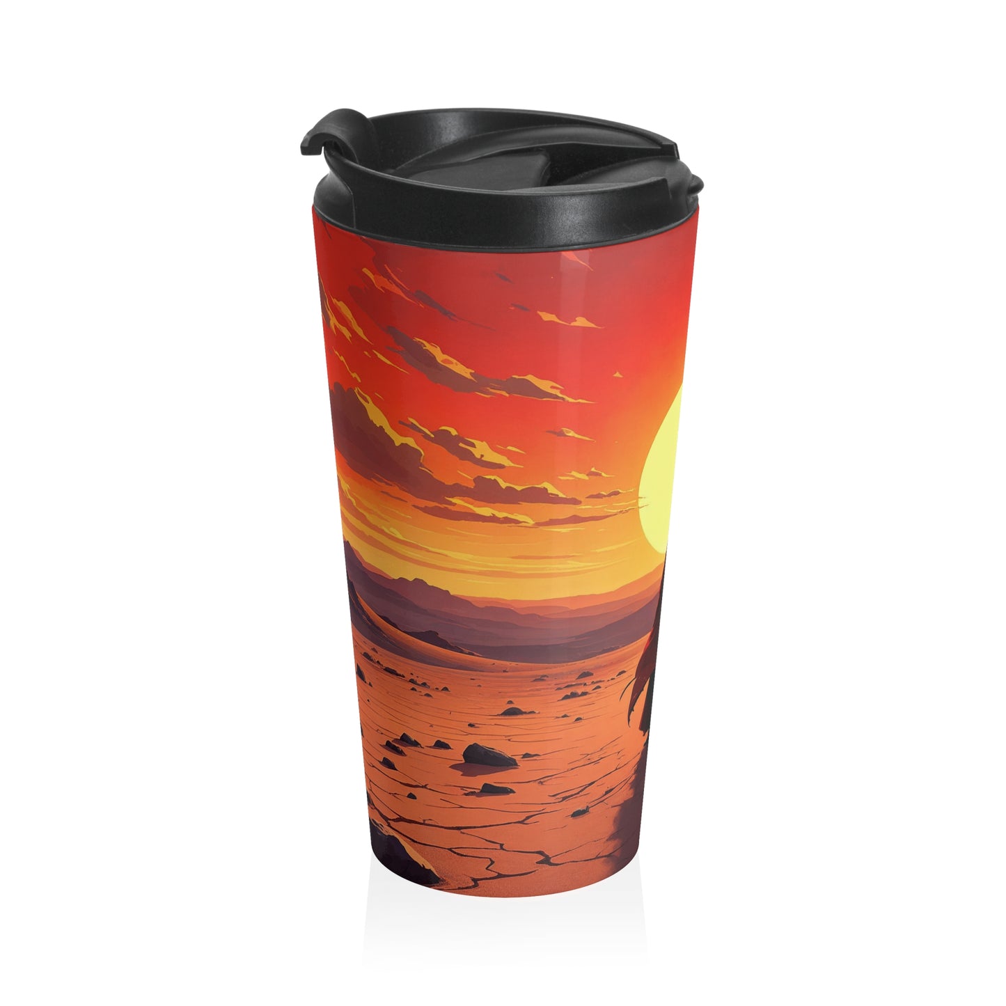 15oz Sunset Wanderer Stainless Steel Travel Mug – Cloaked Silhouette Design with Leak-Proof Lid
