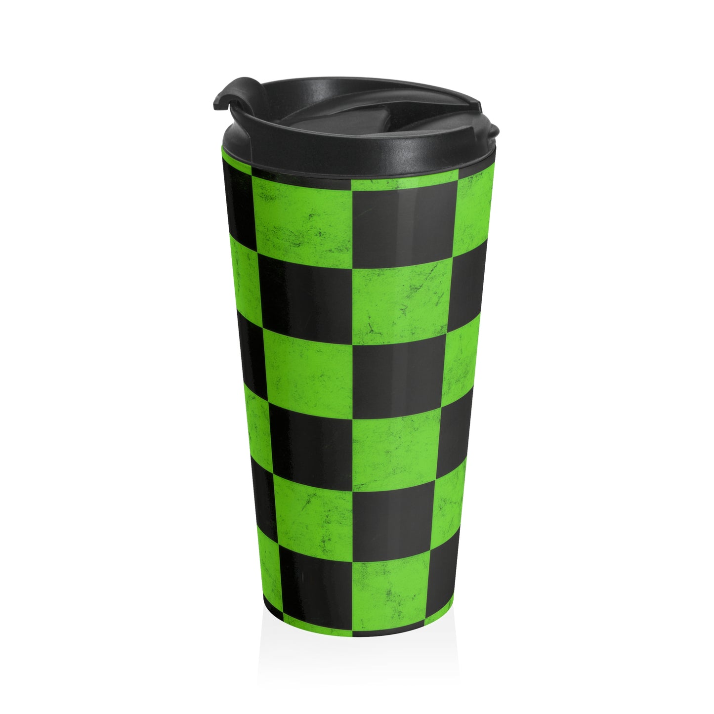 15oz “Checkered Past” Stainless Steel Travel Mug – Green & Black Grid Design with Leak-Proof Lid