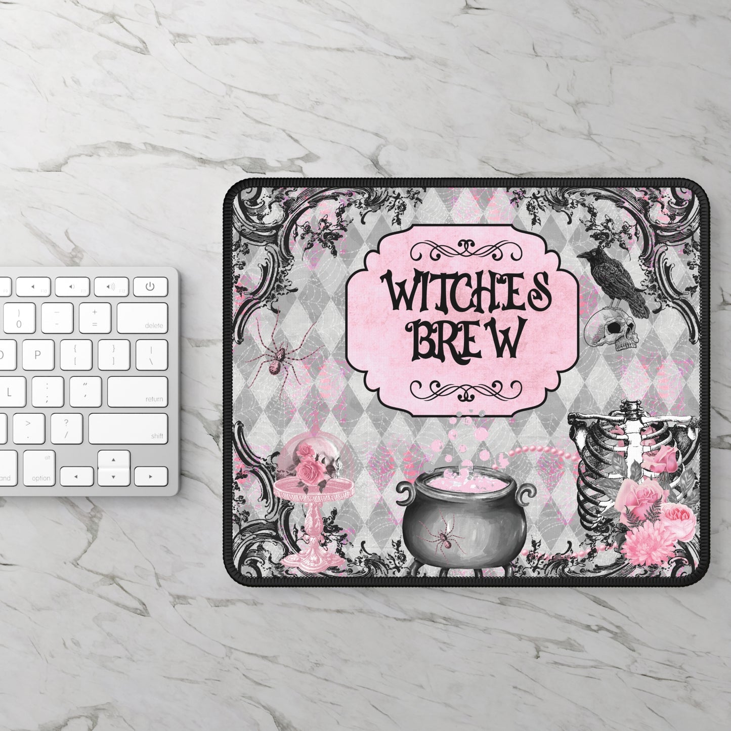 Witches Brew Halloween Gaming Mouse Pad – 9x7 Neoprene Mouse Pad with Gothic Pink Cauldron and Spooky Vintage Design