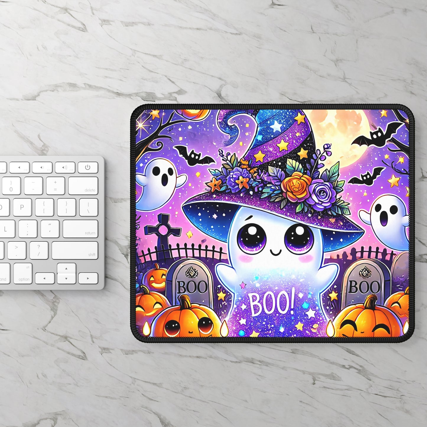 Kawaii Ghost Halloween Gaming Mouse Pad – 9x7 Neoprene Mouse Pad with Cute Witch Ghost, Pumpkins, and Spooky Graveyard Design