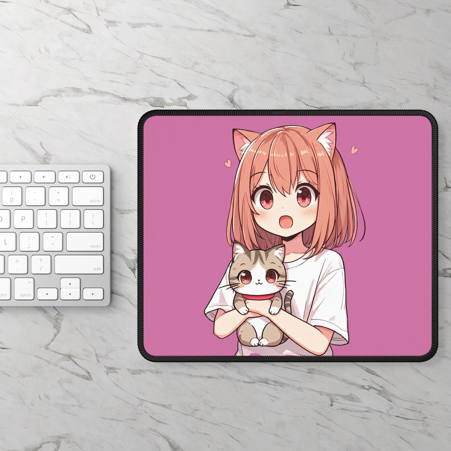 The Anime Catgirl 9x7 Neoprene Desk Mat – Kawaii Pink Mouse Pad with Neko Companion