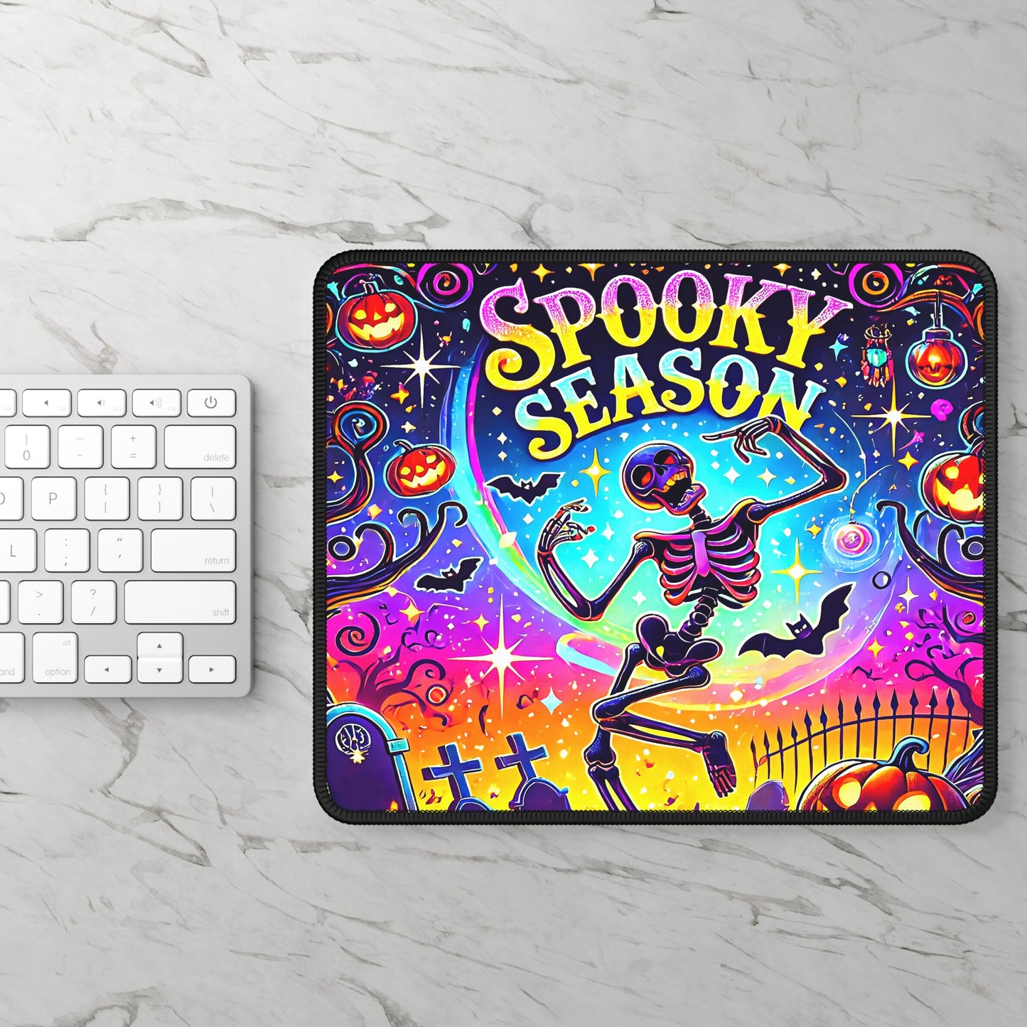 Spooky Season Gaming Mouse Pad – 9x7 Neoprene Mouse Pad with Neon Skeleton, Pumpkins, and Halloween Graveyard Design