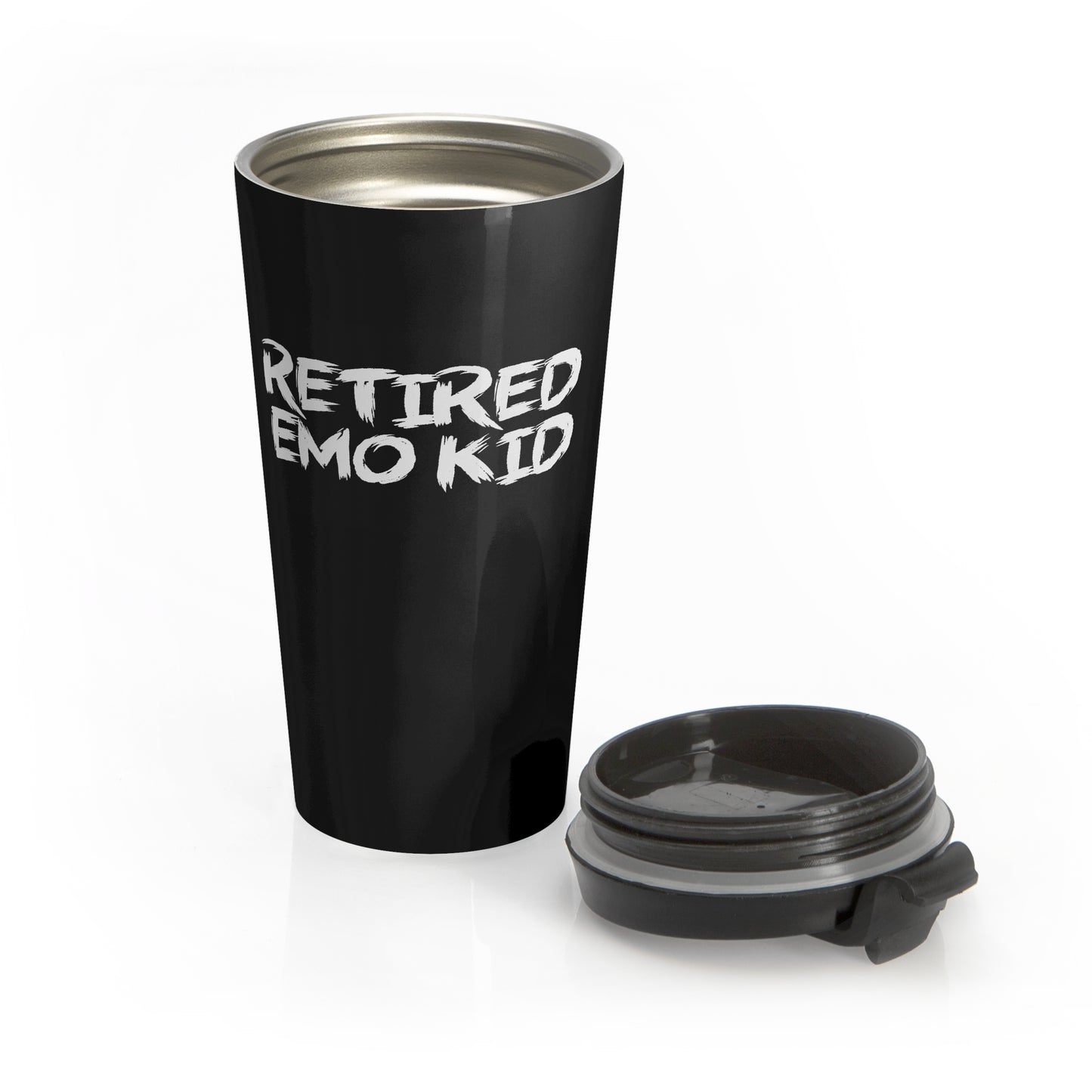 15oz “Retired Emo Kid” Stainless Steel Travel Mug – Grunge Text Design with Leak-Proof Lid