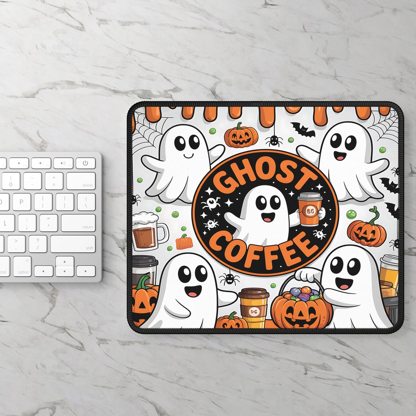 Ghost Coffee Halloween Gaming Mouse Pad – 9x7 Neoprene Mouse Pad with Cute Ghosts, Pumpkins, and Spooky Coffee Shop Design