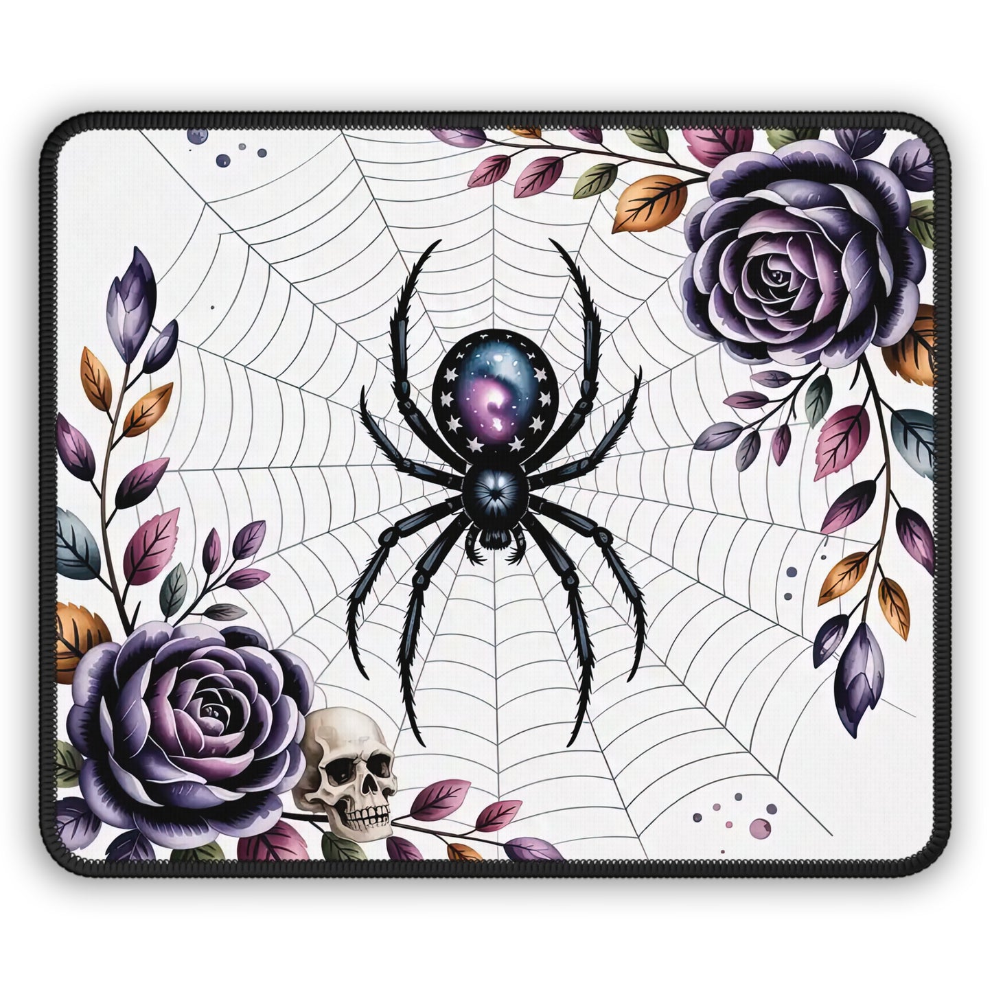 Gothic Spider Web Gaming Mouse Pad – 9x7 Neoprene Mouse Pad with Cosmic Spider, Purple Roses, and Skull Design