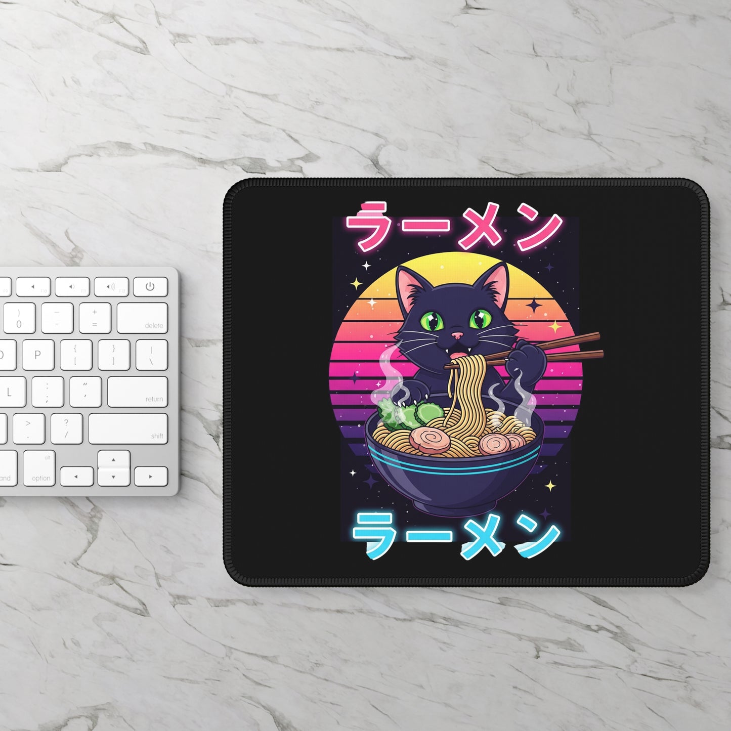 Neon Ramen Cat Mouse Pad – Retro Flavor for Your Desk