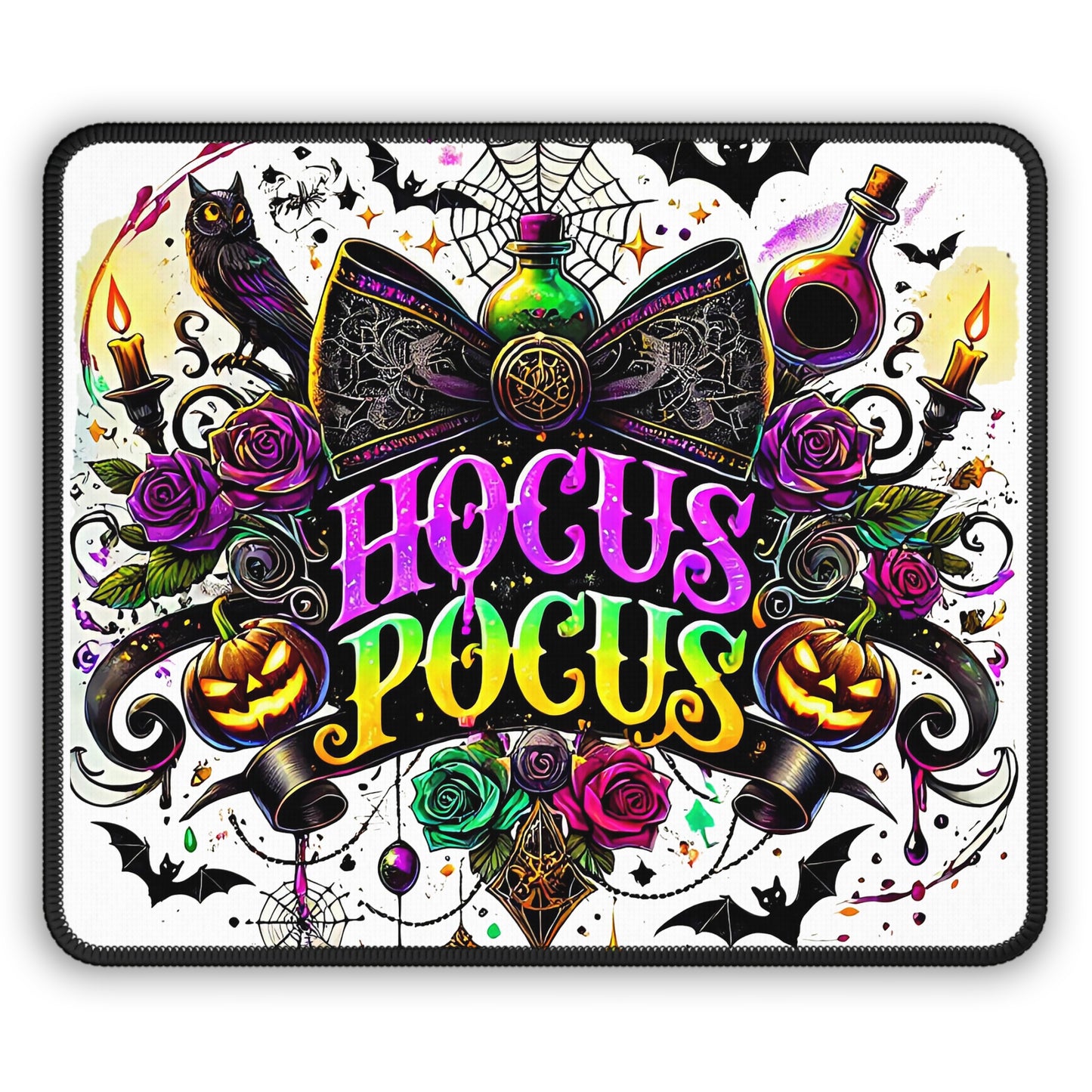 Hocus Pocus Gothic Bow Mouse Pad – 9x7 Neoprene Desk Mat with Pumpkins, Potions, and Mystical Owl Design