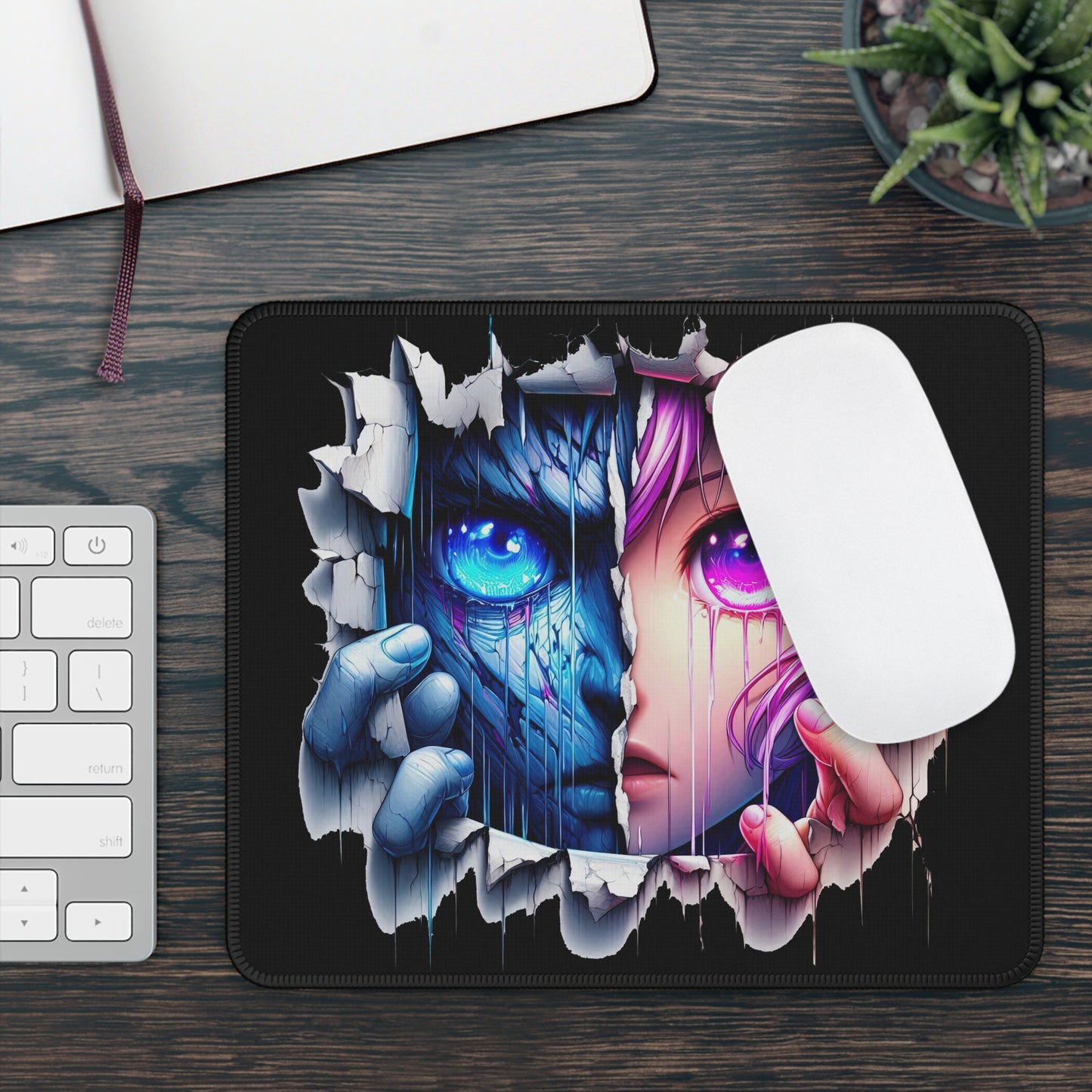 Split Realms 9x7 Neoprene Desk Mat – Cyberpunk vs. Human Anime Mouse Pad