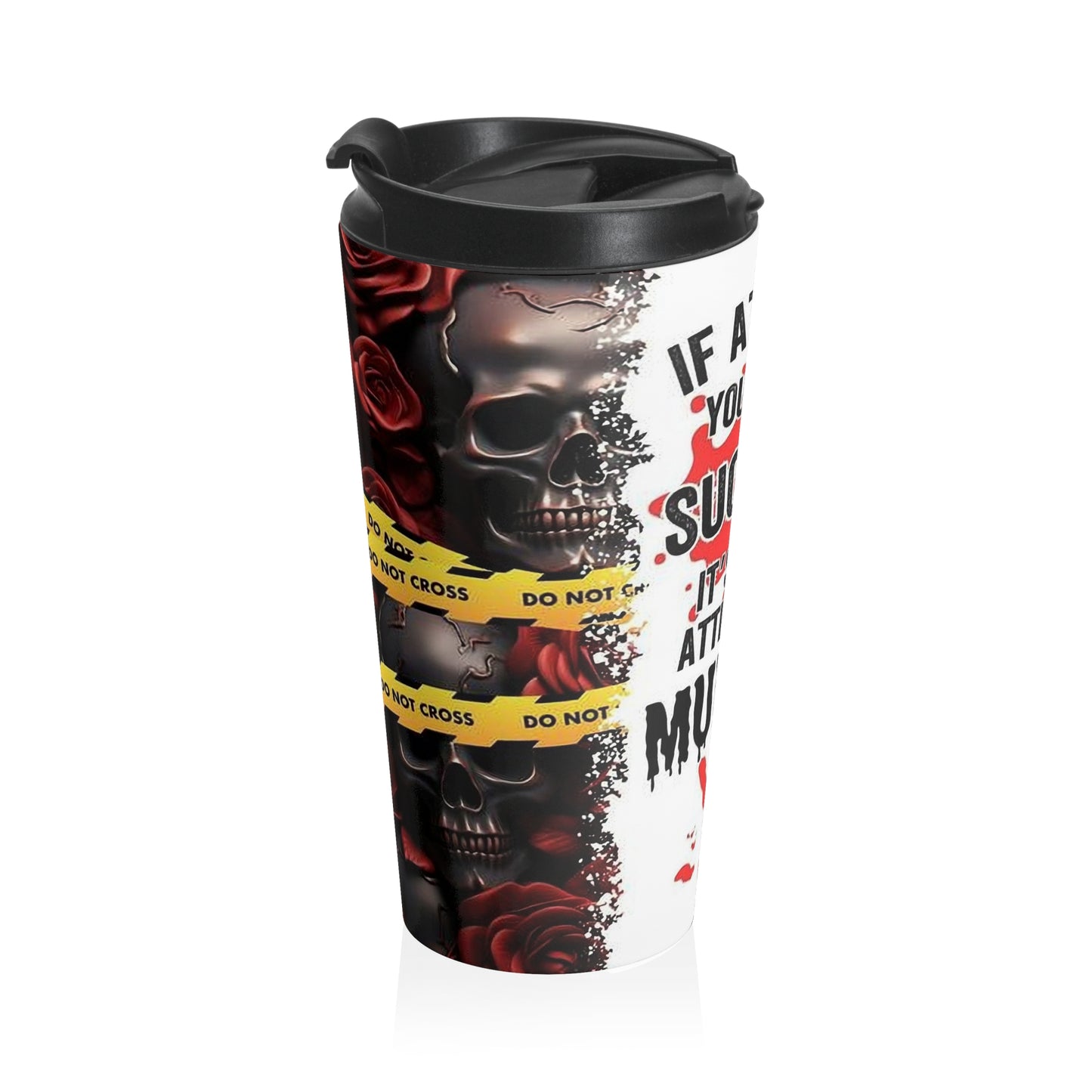15oz “Attempted Murder” Stainless Steel Travel Mug – Red Handprint Design with Leak-Proof Lid