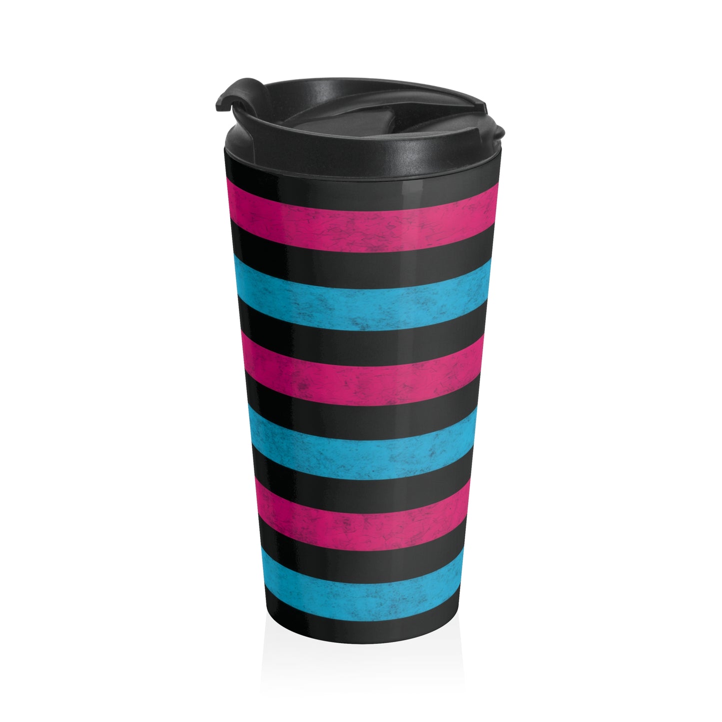15oz “Scene Stripes” Stainless Steel Travel Mug – Pink, Blue & Black Pattern with Leak-Proof Lid