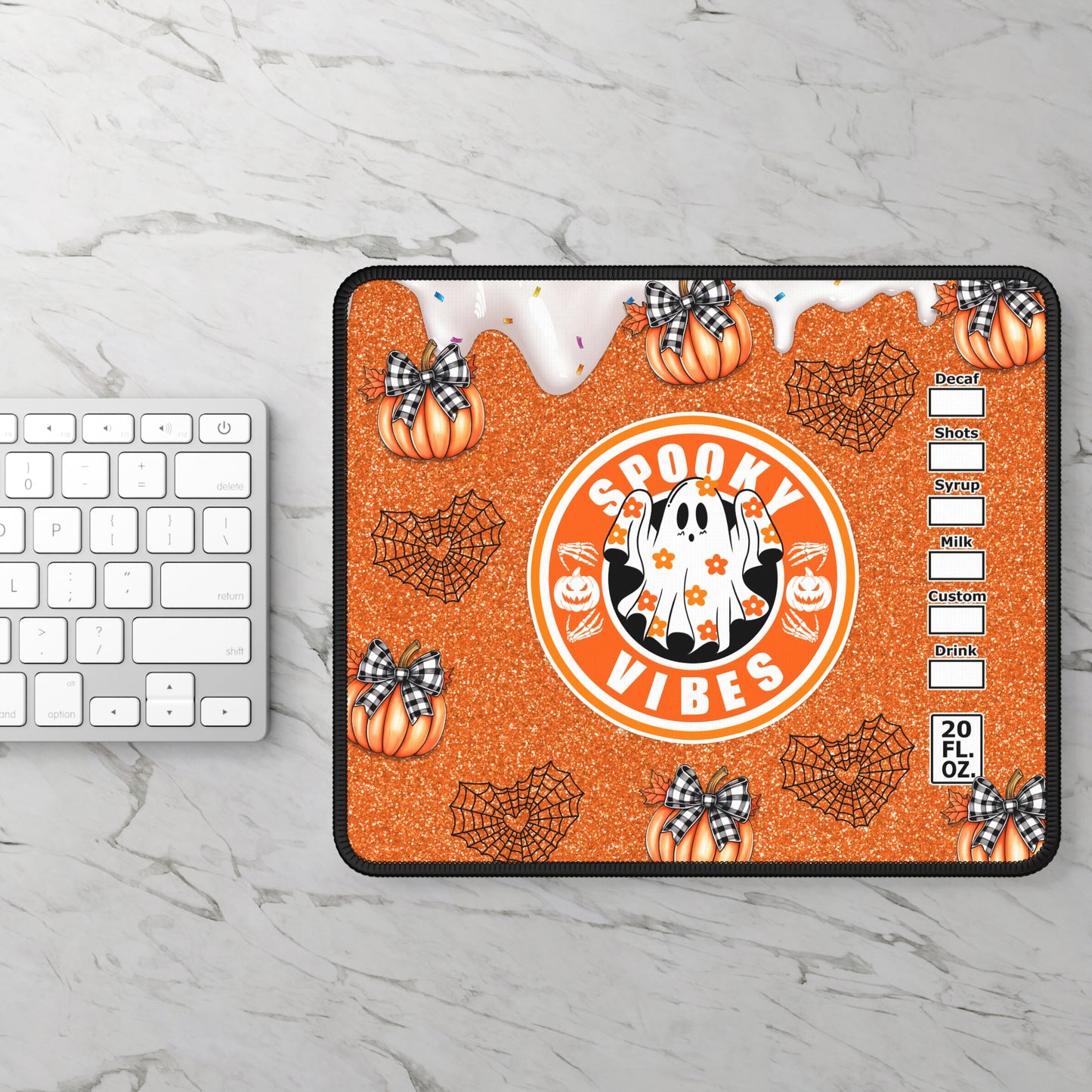 Spooky Vibes Halloween Gaming Mouse Pad – 9x7 Neoprene Mouse Pad with Ghost, Pumpkins, and Coffee-Inspired Design