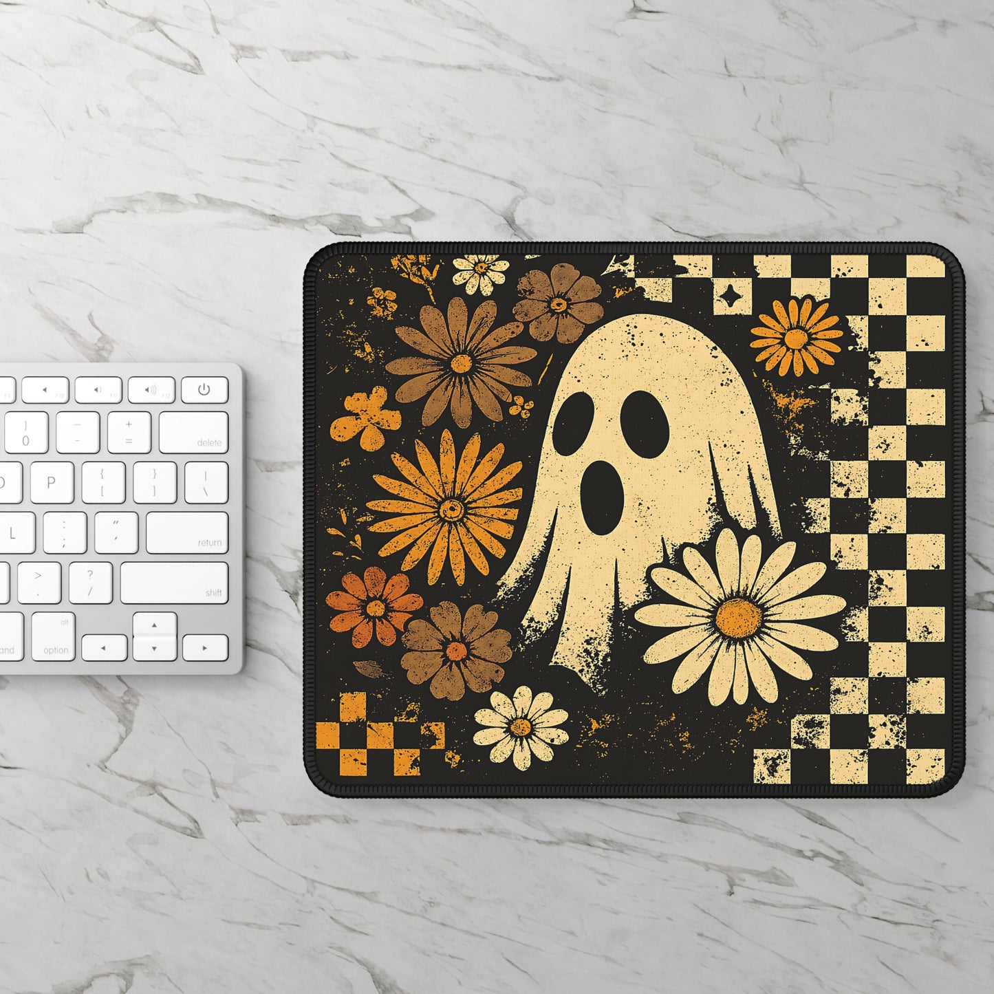 Vintage Floral Ghost Halloween Gaming Mouse Pad – 9x7 Neoprene Mouse Pad with Retro Checkerboard and Fall Flower Design