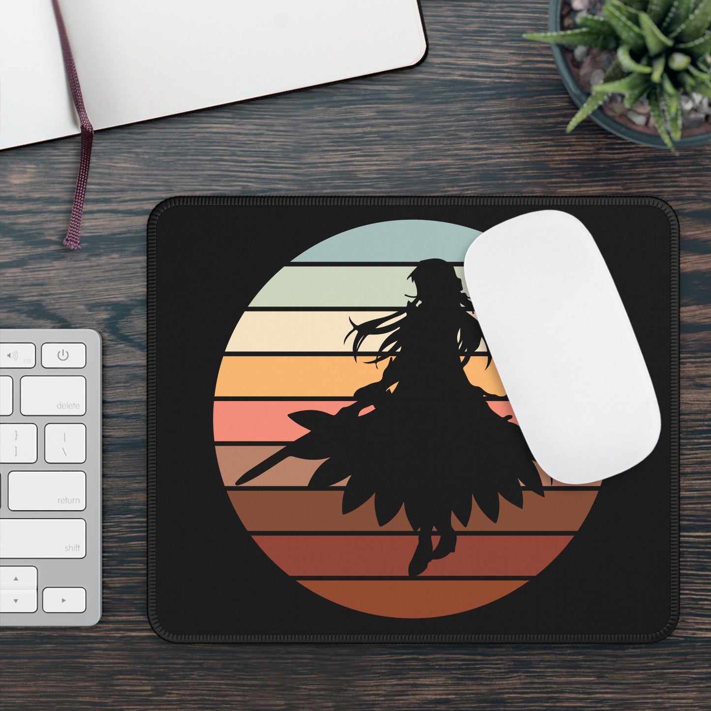 Samurai Warrior Sunset Mouse Pad – 9x7 Neoprene Desk Mat with Anime Silhouette and Retro Sunset Design