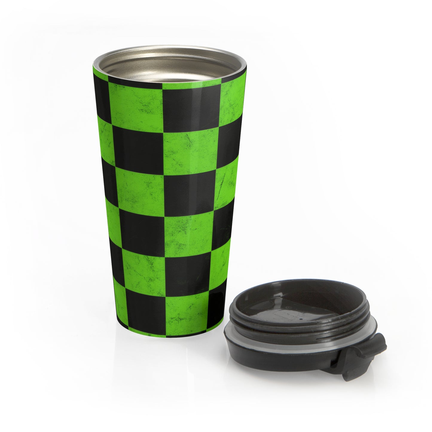 15oz “Checkered Past” Stainless Steel Travel Mug – Green & Black Grid Design with Leak-Proof Lid