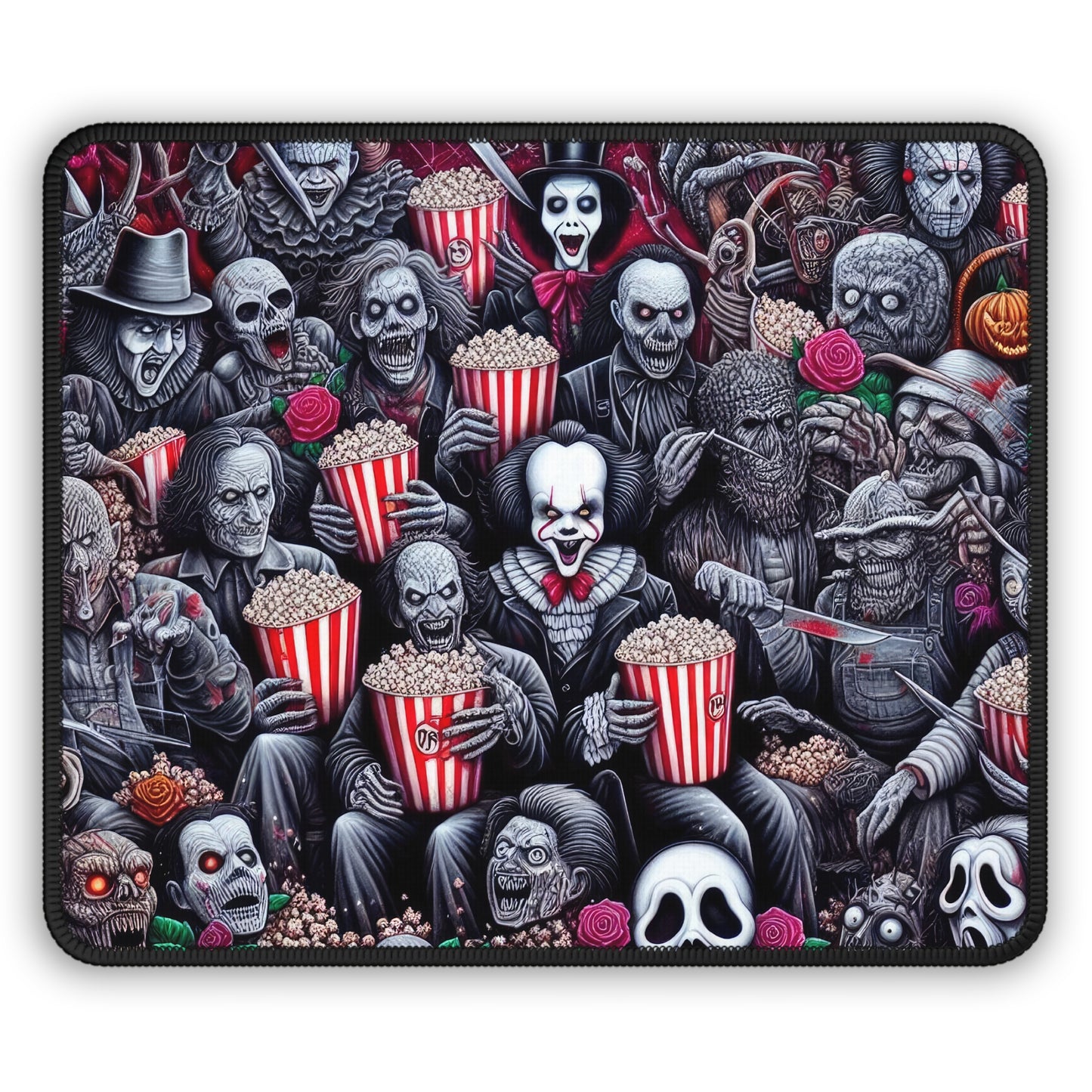 Horror Movie Villains Mouse Pad – 9x7 Neoprene Desk Mat with Creepy Killers and Popcorn Night Design