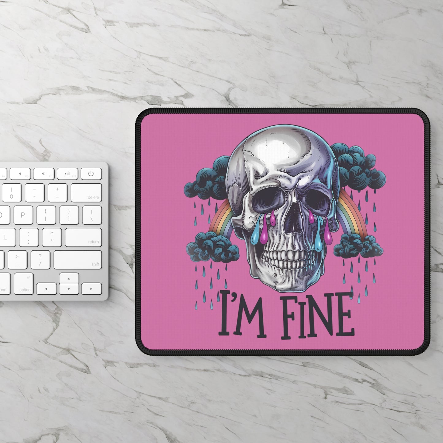 I’m Fine Skull 9x7 Neoprene Desk Mat – Gothic Rainbow Mouse Pad with Tears & Storm Clouds