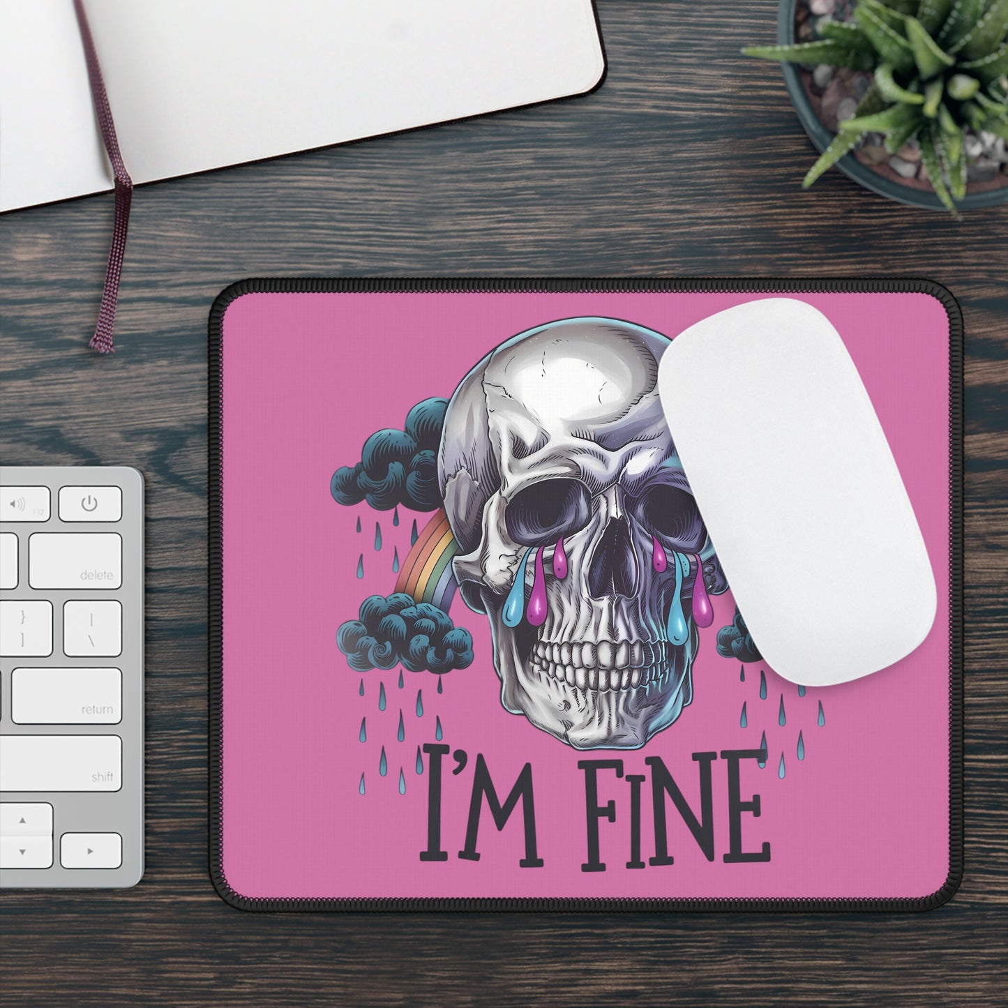 I’m Fine Skull 9x7 Neoprene Desk Mat – Gothic Rainbow Mouse Pad with Tears & Storm Clouds