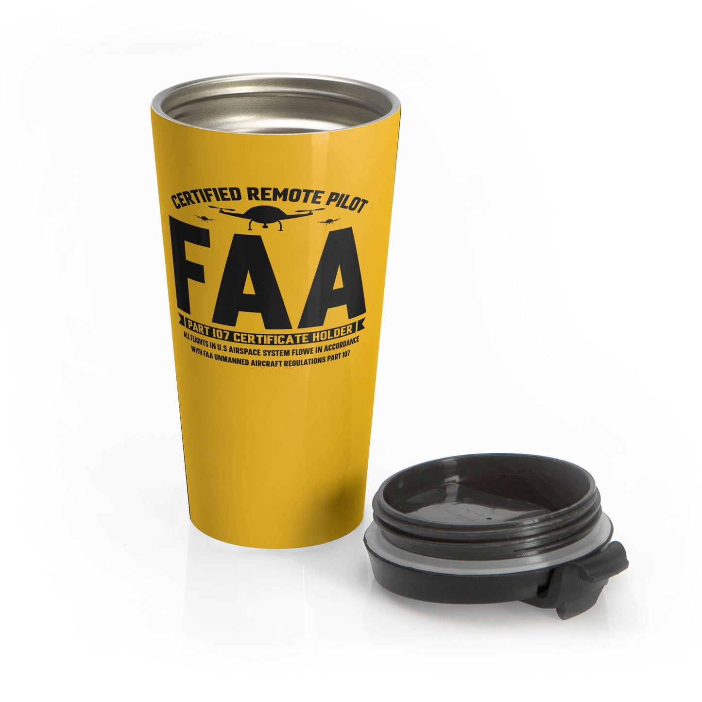 15oz “Certified Remote Pilot” Stainless Steel Travel Mug – FAA Part 107 Design with Leak-Proof Lid