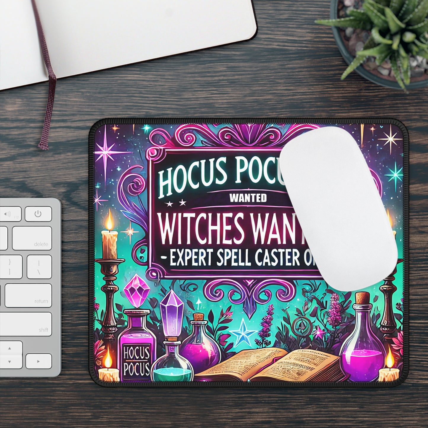 Hocus Pocus Co. Witches Wanted Mouse Pad – 9x7 Neoprene Desk Mat with Potion Bottles and Magical Sign Design
