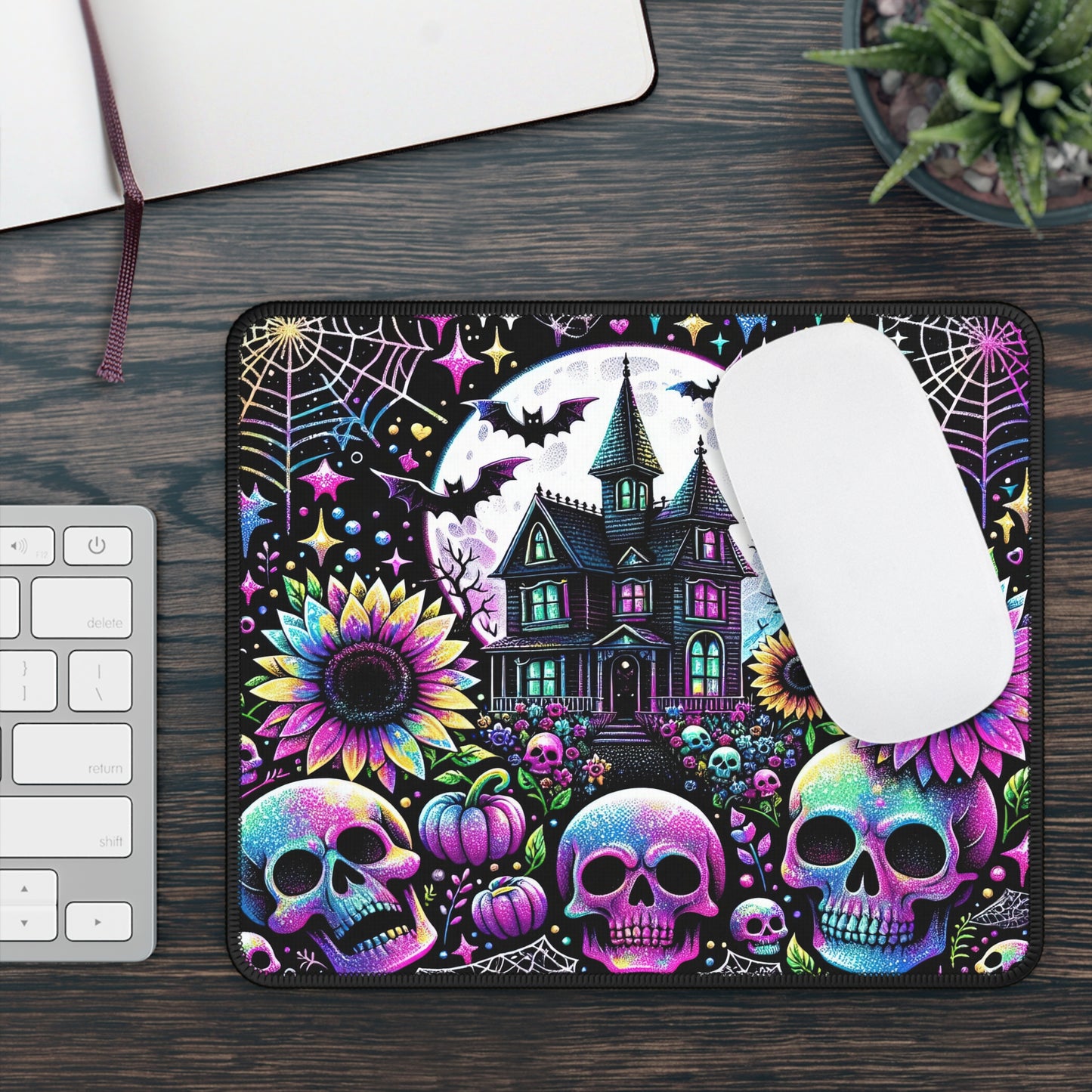 Neon Haunted House Halloween Gaming Mouse Pad – 9x7 Neoprene Mouse Pad with Skulls, Pumpkins, and Gothic Floral Design