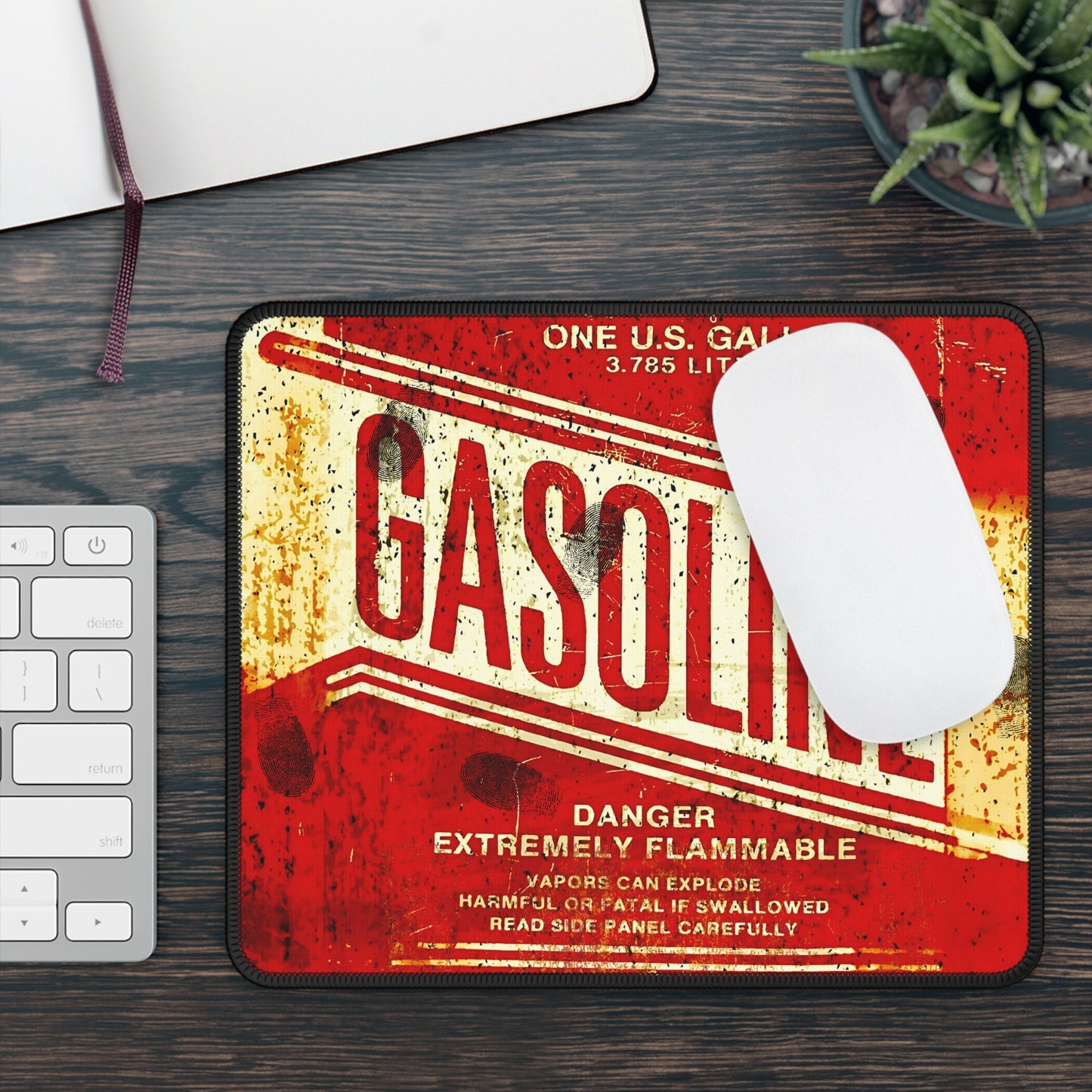 Vintage Gasoline Warning Gaming Mouse Pad – 9x7 Neoprene Mouse Pad with Retro Fuel Can Label Design