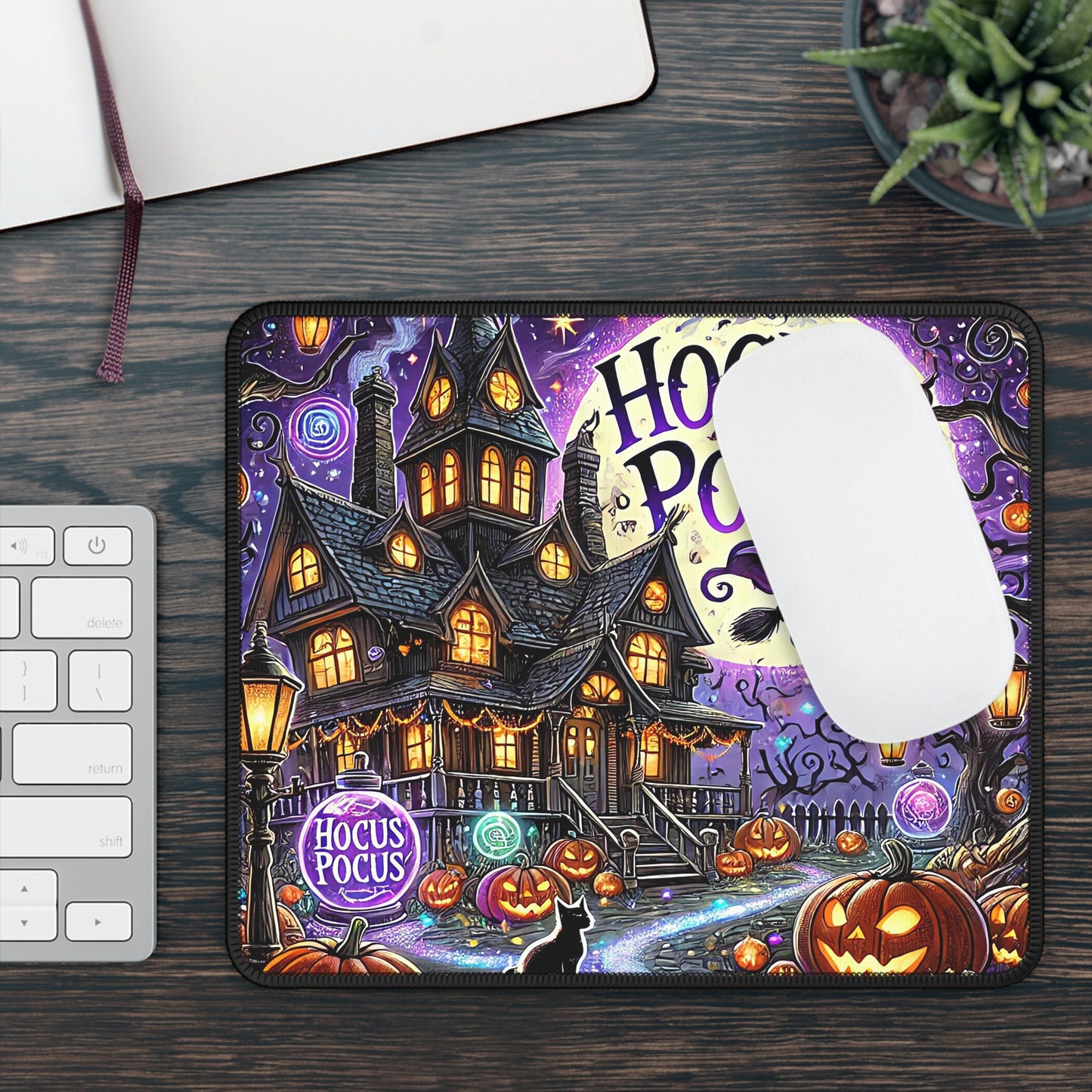 Hocus Pocus Haunted House Mouse Pad – 9x7 Neoprene Desk Mat with Witch, Pumpkins, and Full Moon Design