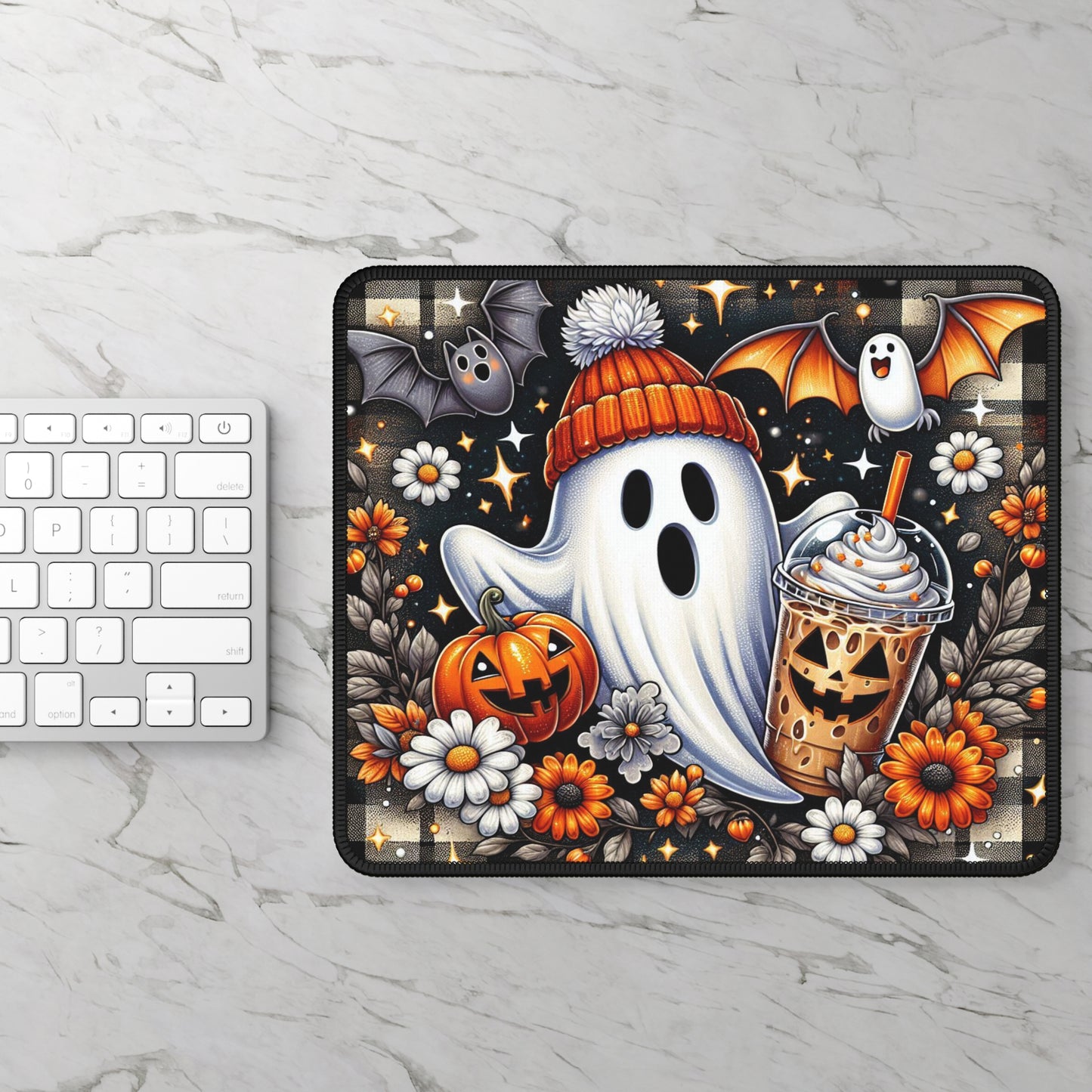 Cozy Ghost Halloween Gaming Mouse Pad – 9x7 Neoprene Mouse Pad with Pumpkin Spice Latte, Bats, and Autumn Floral Design