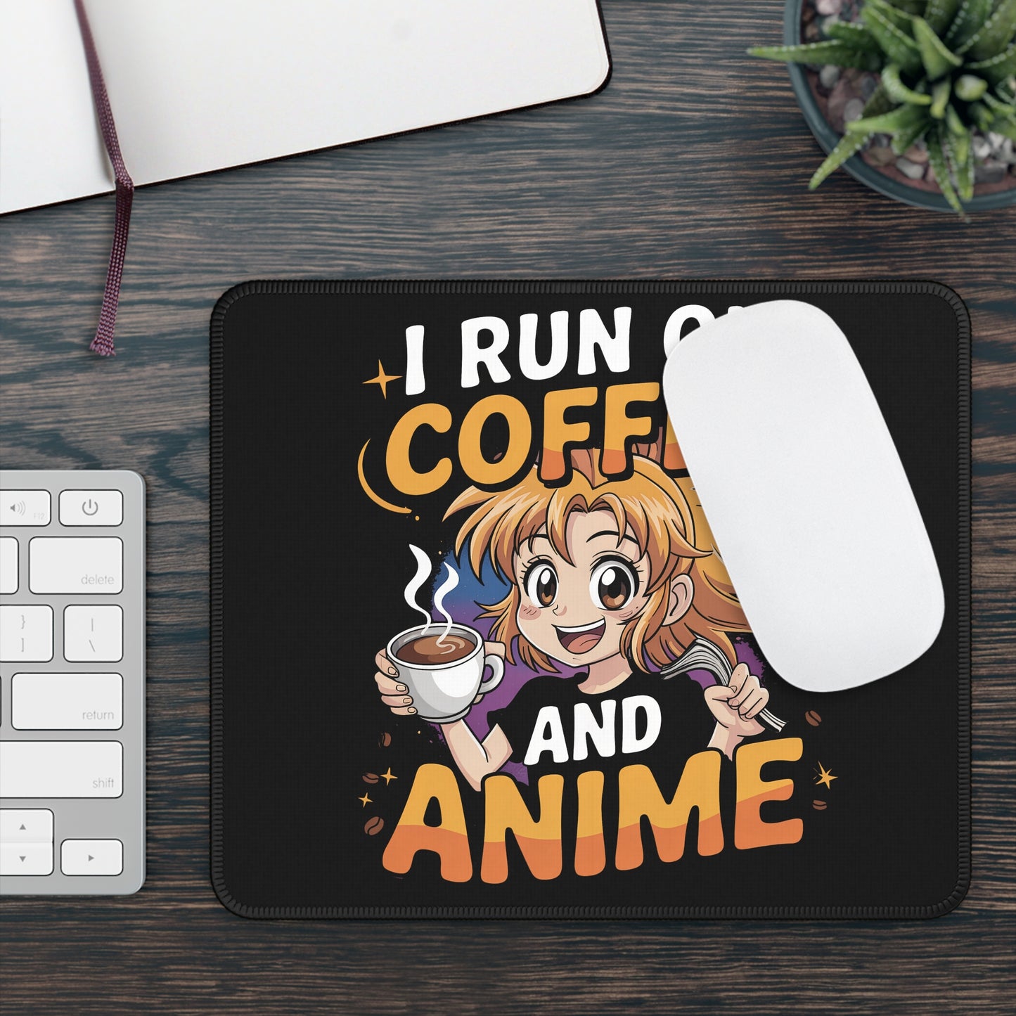 I Run on Coffee and Anime 9x7 Neoprene Desk Mat – Kawaii Otaku Mouse Pad with Espresso Energy
