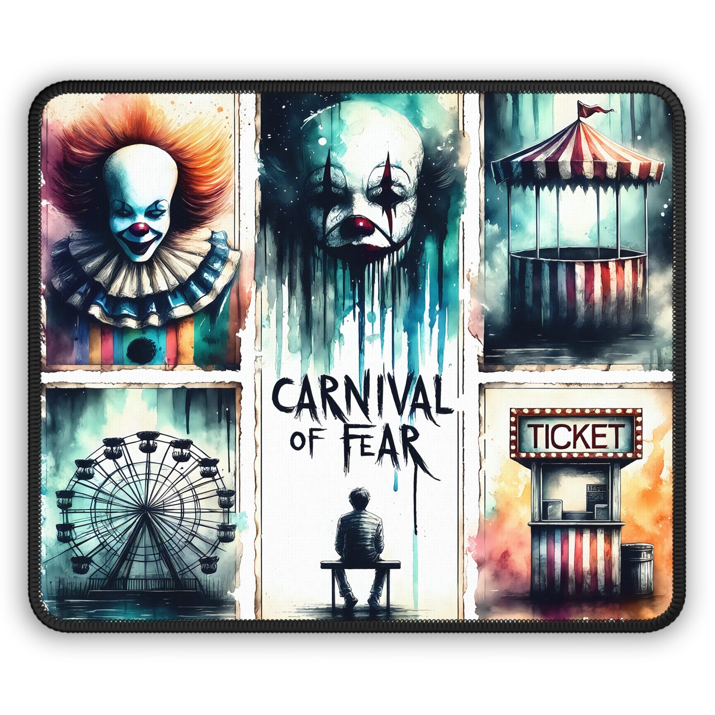 Carnival of Fear Horror Gaming Mouse Pad – 9x7 Neoprene Mouse Pad with Creepy Clown, Haunted Ferris Wheel, and Dark Carnival Design