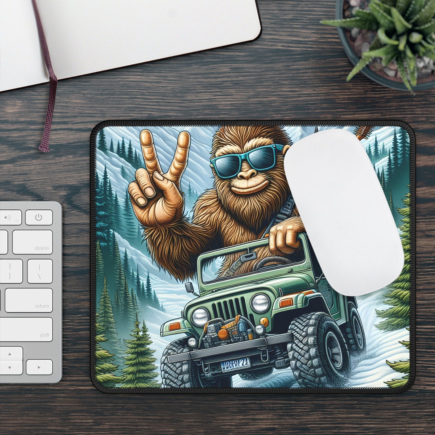 Bigfoot Jeep Adventure Gaming Mouse Pad – 9x7 Neoprene Desk Mat with Sasquatch Driving Off-Road in the Mountains