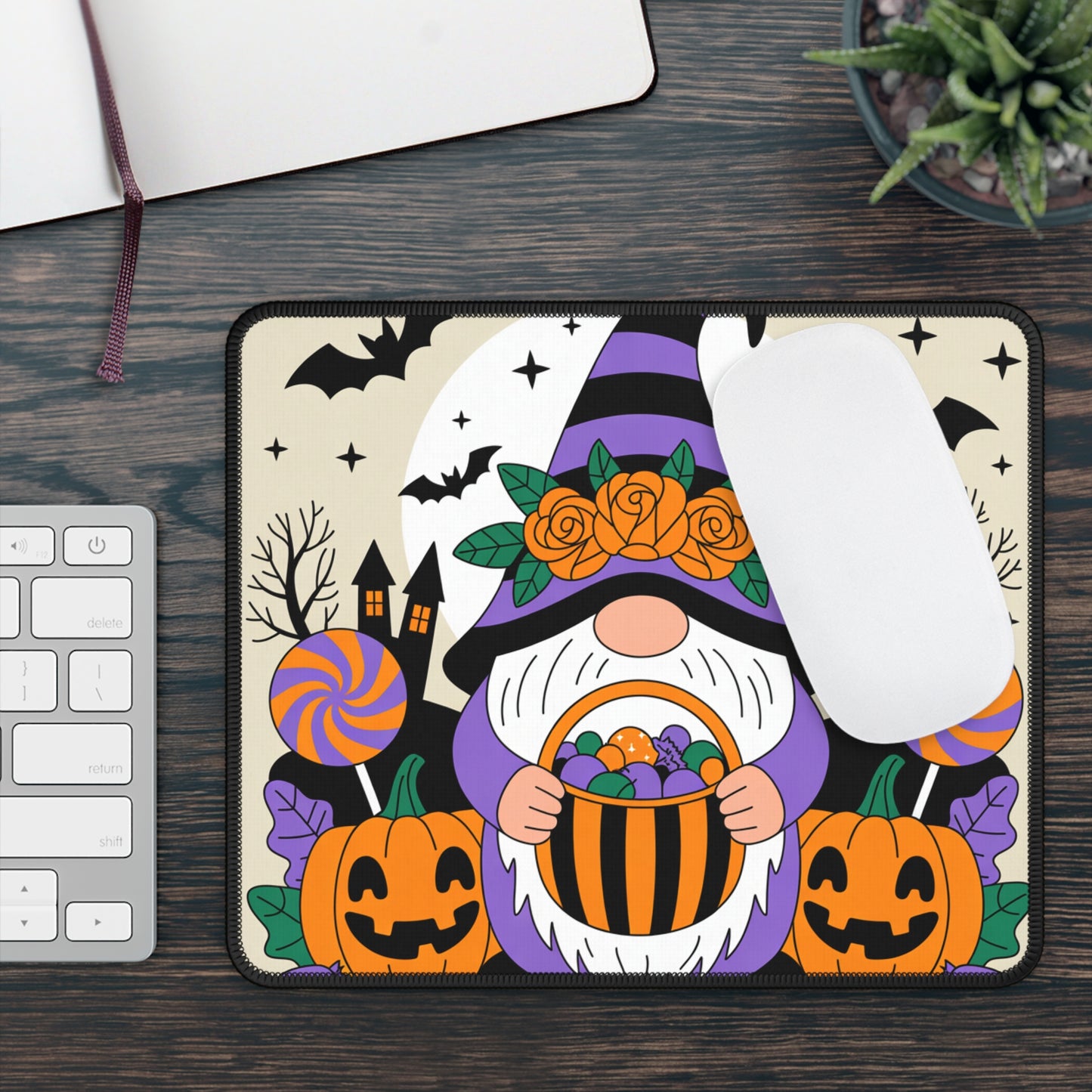 Halloween Gnome Gaming Mouse Pad – 9x7 Neoprene Mouse Pad with Candy, Pumpkins, and Spooky Night Design