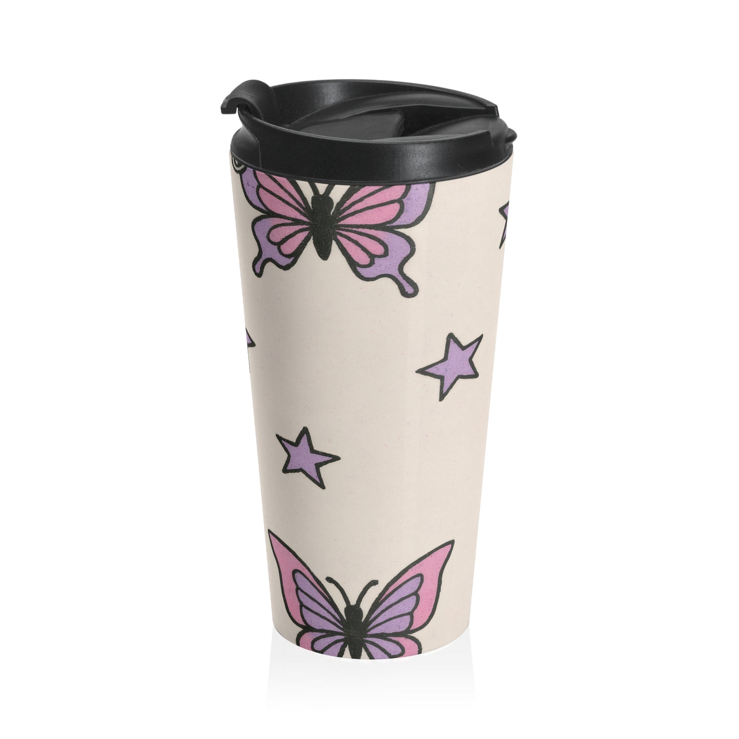 15oz “Butterfly Constellation” Stainless Steel Travel Mug – Purple Whimsy Pattern on Beige with Leak-Proof Lid