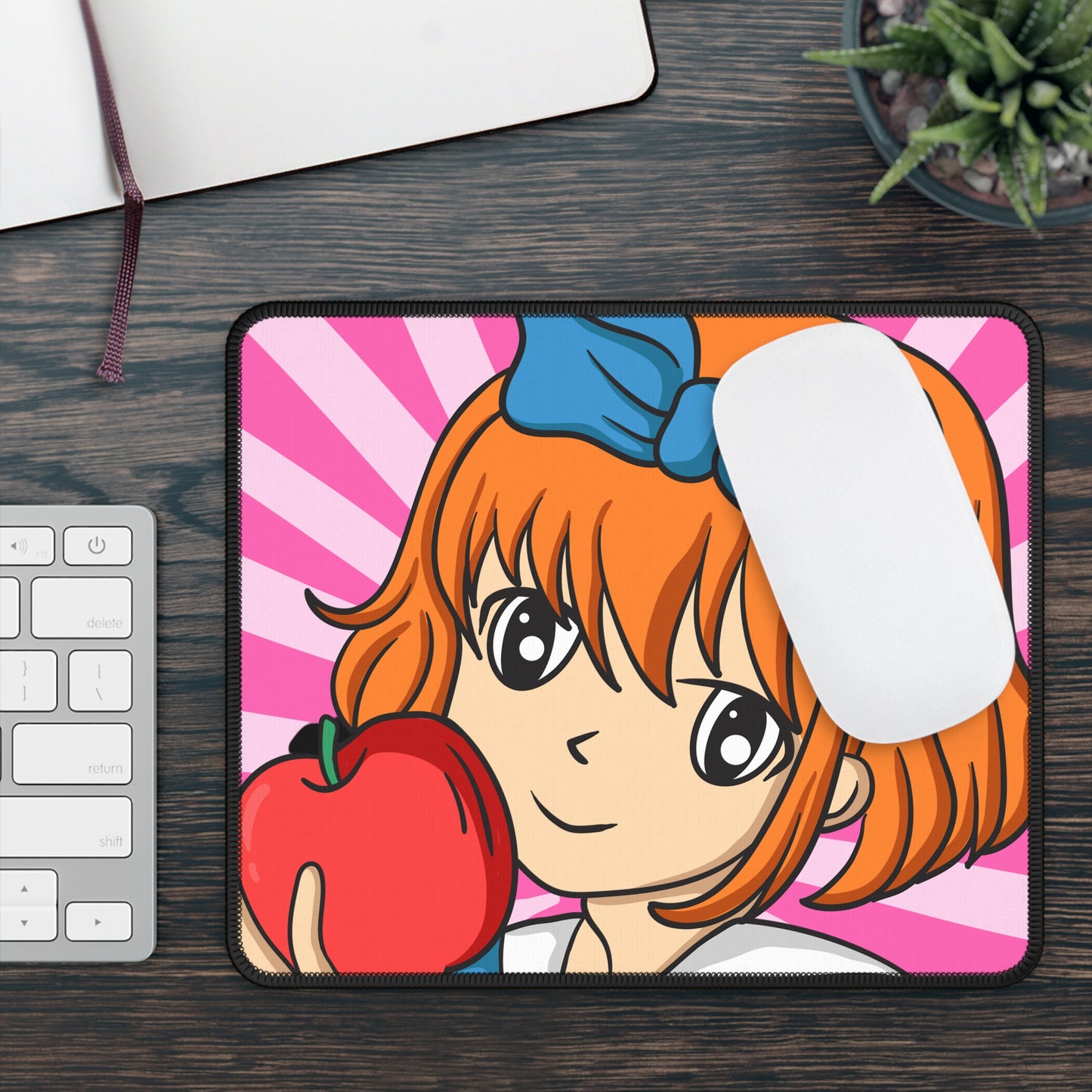 Anime Girl with Apple Mouse Pad – 9x7 Neoprene Desk Mat with Cute Kawaii Cartoon Design