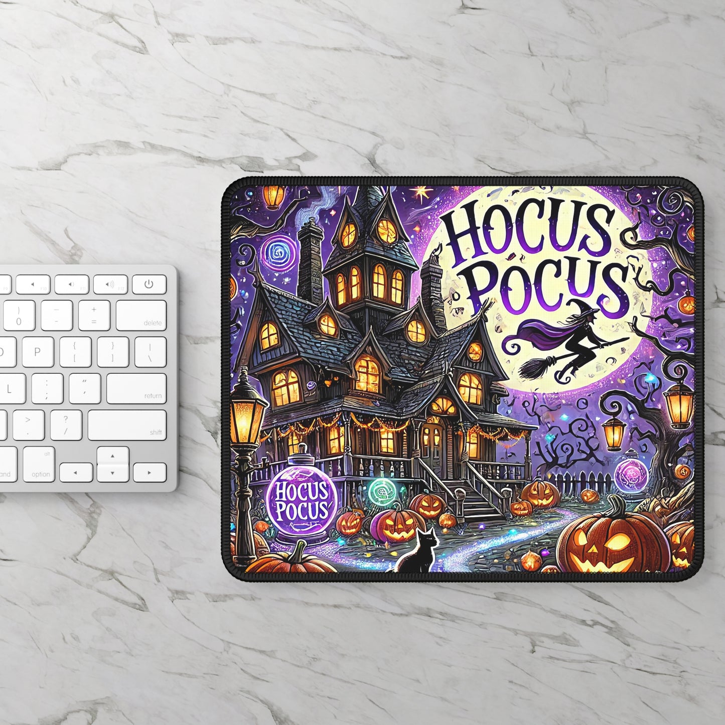 Hocus Pocus Haunted House Mouse Pad – 9x7 Neoprene Desk Mat with Witch, Pumpkins, and Full Moon Design