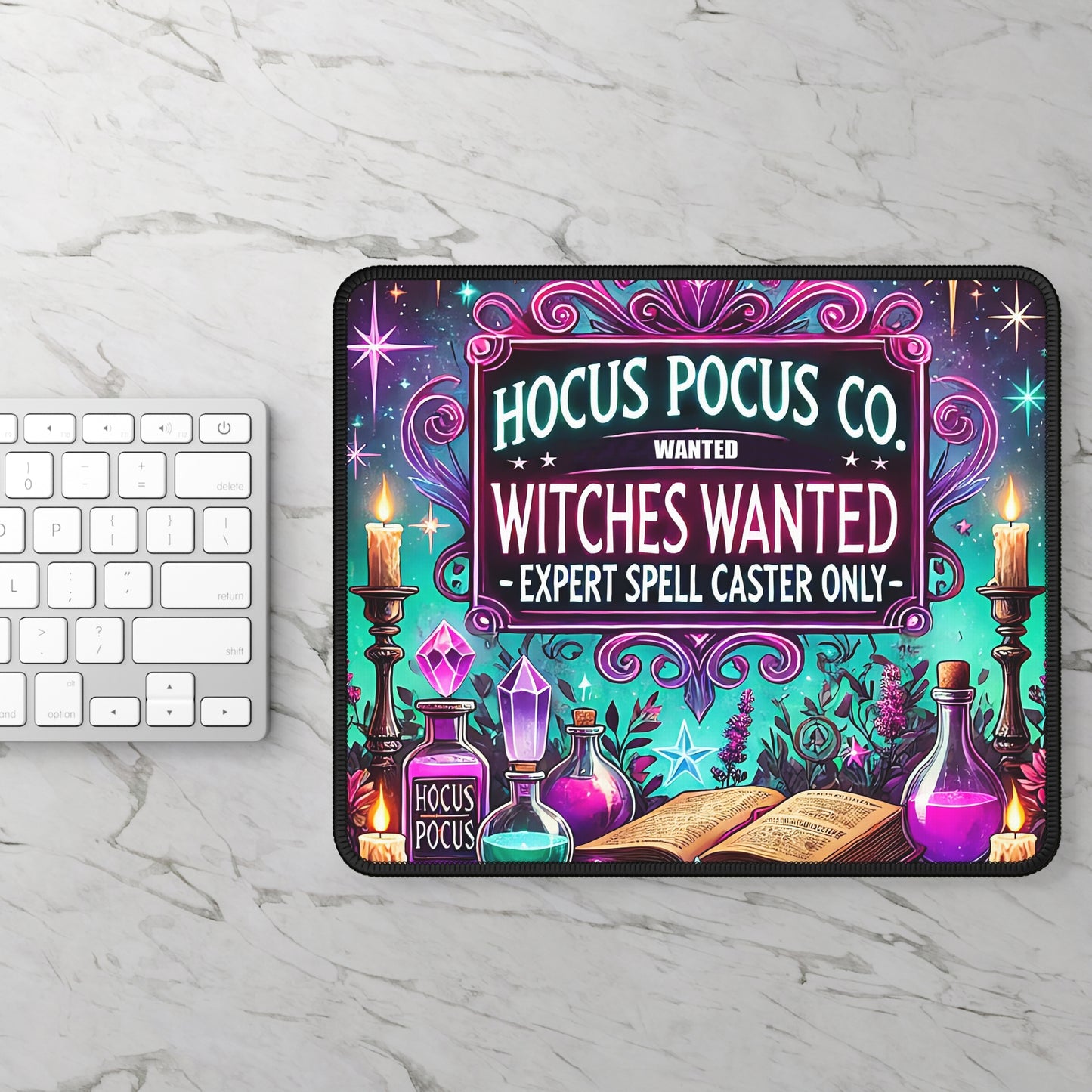Hocus Pocus Co. Witches Wanted Mouse Pad – 9x7 Neoprene Desk Mat with Potion Bottles and Magical Sign Design