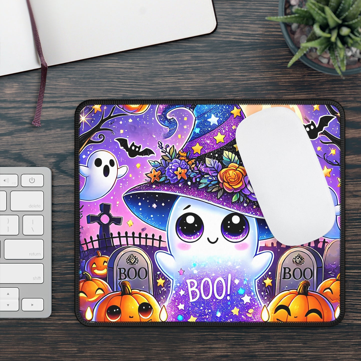 Kawaii Ghost Halloween Gaming Mouse Pad – 9x7 Neoprene Mouse Pad with Cute Witch Ghost, Pumpkins, and Spooky Graveyard Design