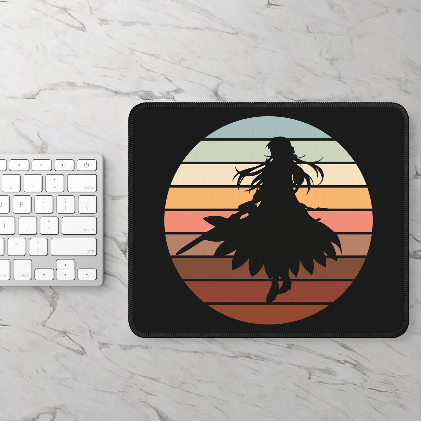 Samurai Warrior Sunset Mouse Pad – 9x7 Neoprene Desk Mat with Anime Silhouette and Retro Sunset Design