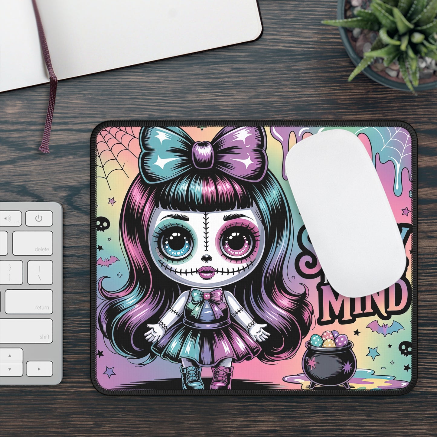 Spooky Doll Gaming Mouse Pad – 9x7 Neoprene Desk Mat with Gothic Pastel “Spooky Is a State of Mind” Design