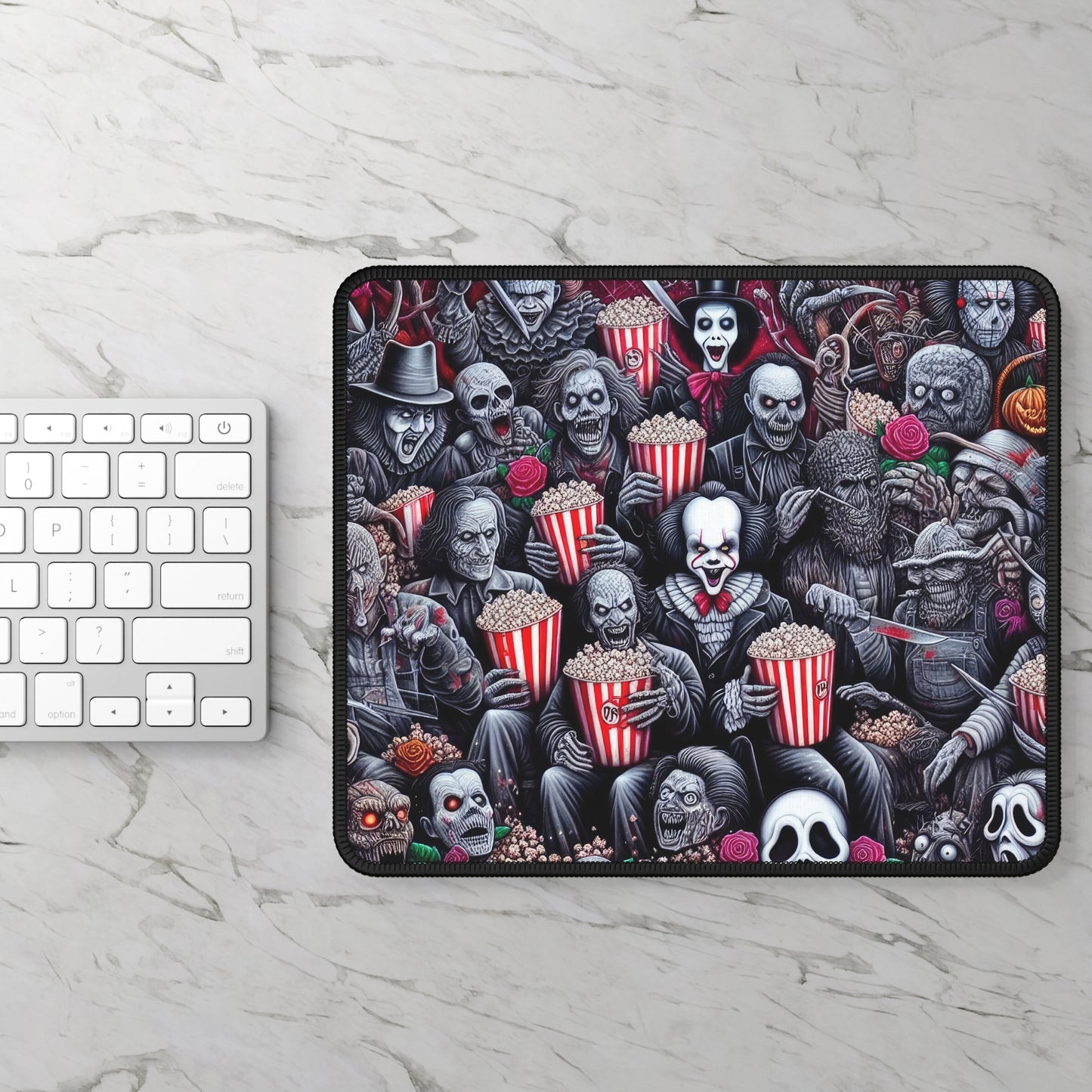 Horror Movie Villains Mouse Pad – 9x7 Neoprene Desk Mat with Creepy Killers and Popcorn Night Design