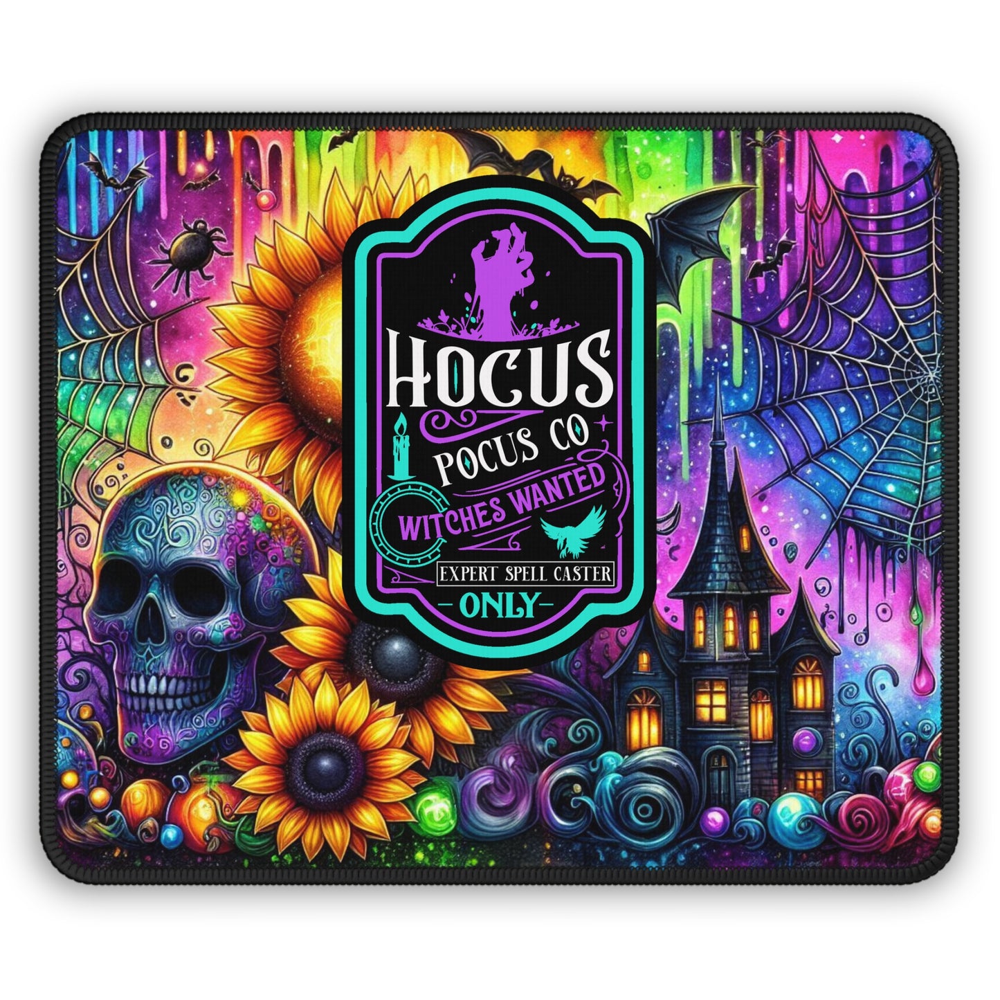 Hocus Pocus Halloween Gaming Mouse Pad – 9x7 Neoprene Mouse Pad with Neon Skulls, Sunflowers, and Gothic Spell Caster Design
