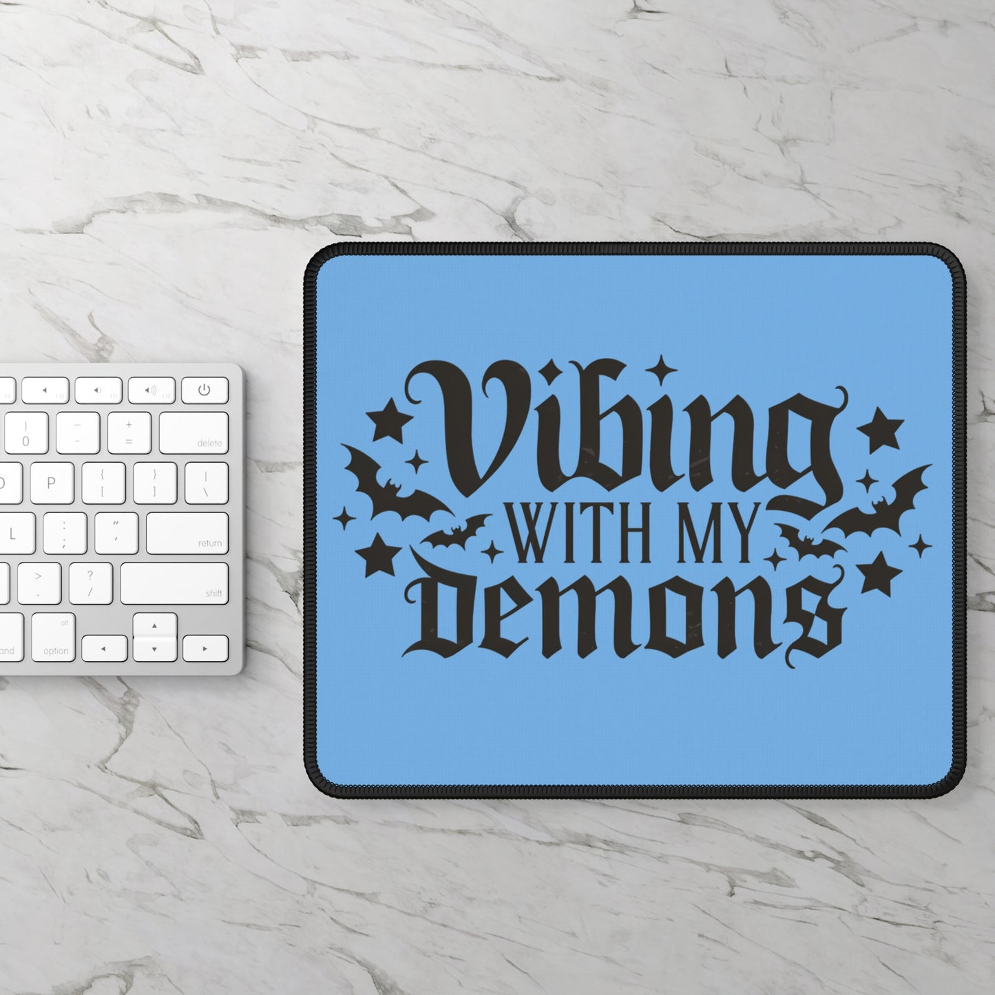 Vibing With My Demons 9x7 Neoprene Desk Mat – Gothic Affirmation Mouse Pad with Bats & Stars