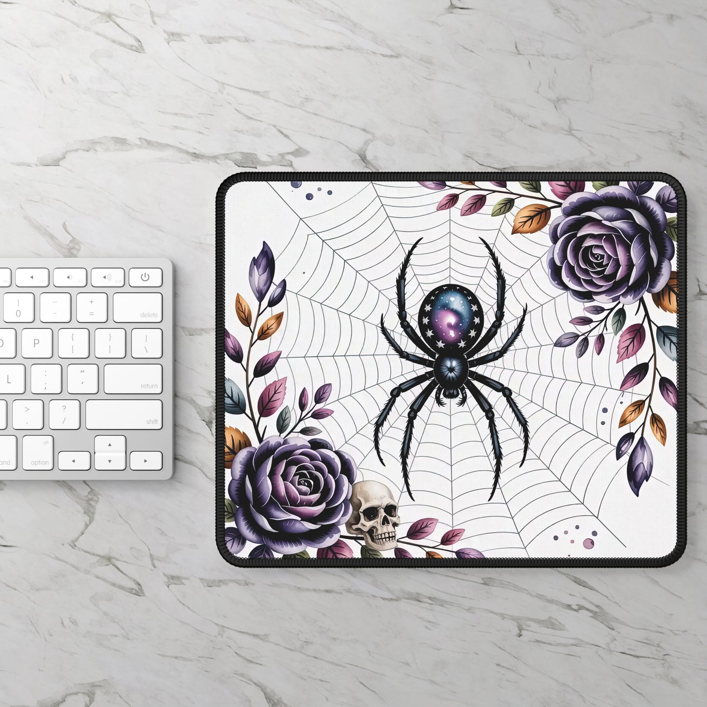 Gothic Spider Web Gaming Mouse Pad – 9x7 Neoprene Mouse Pad with Cosmic Spider, Purple Roses, and Skull Design
