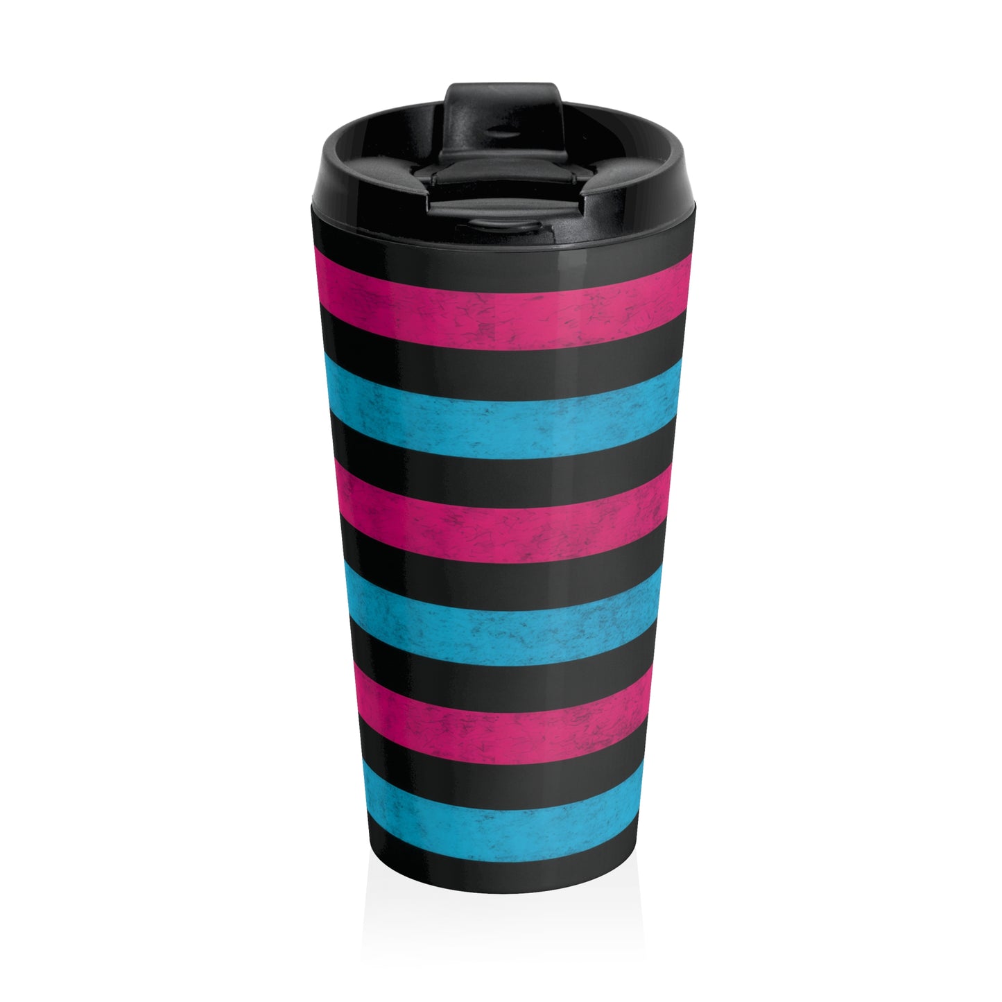 15oz “Scene Stripes” Stainless Steel Travel Mug – Pink, Blue & Black Pattern with Leak-Proof Lid