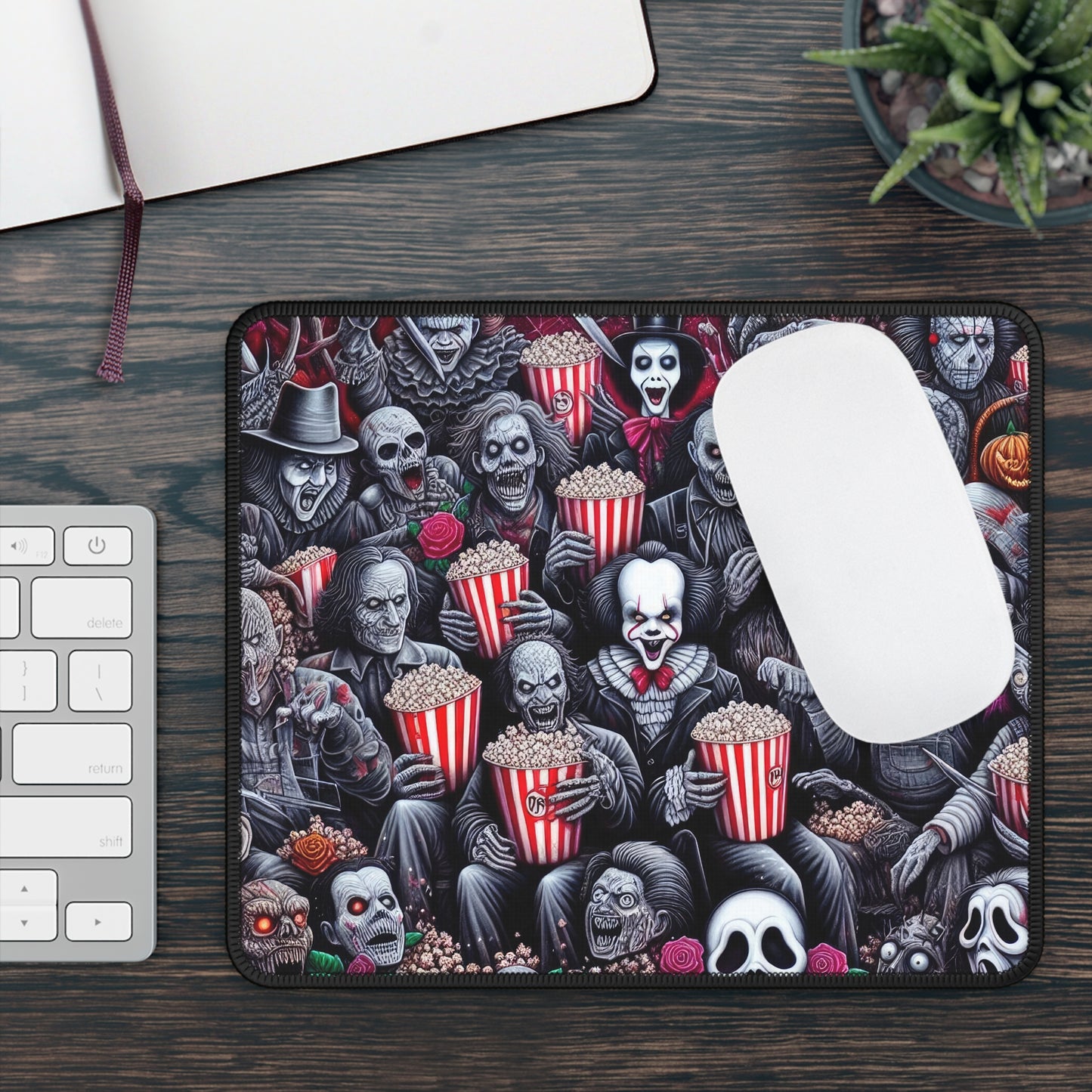Horror Movie Villains Mouse Pad – 9x7 Neoprene Desk Mat with Creepy Killers and Popcorn Night Design
