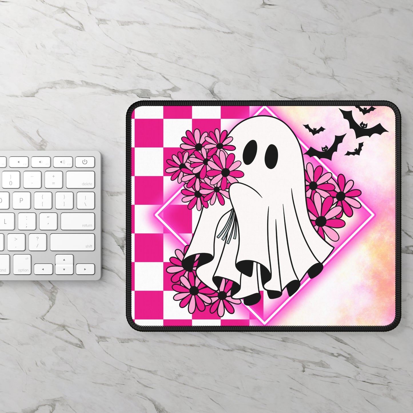Cute Ghost Floral Halloween Gaming Mouse Pad – 9x7 Neoprene Mouse Pad with Pink Flowers, Checkerboard, and Bats Design