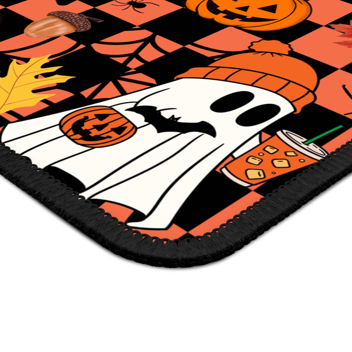 Ghost Latte Halloween Gaming Mouse Pad – 9x7 Neoprene Mouse Pad with Pumpkins, Coffee, and Checkerboard Autumn Design