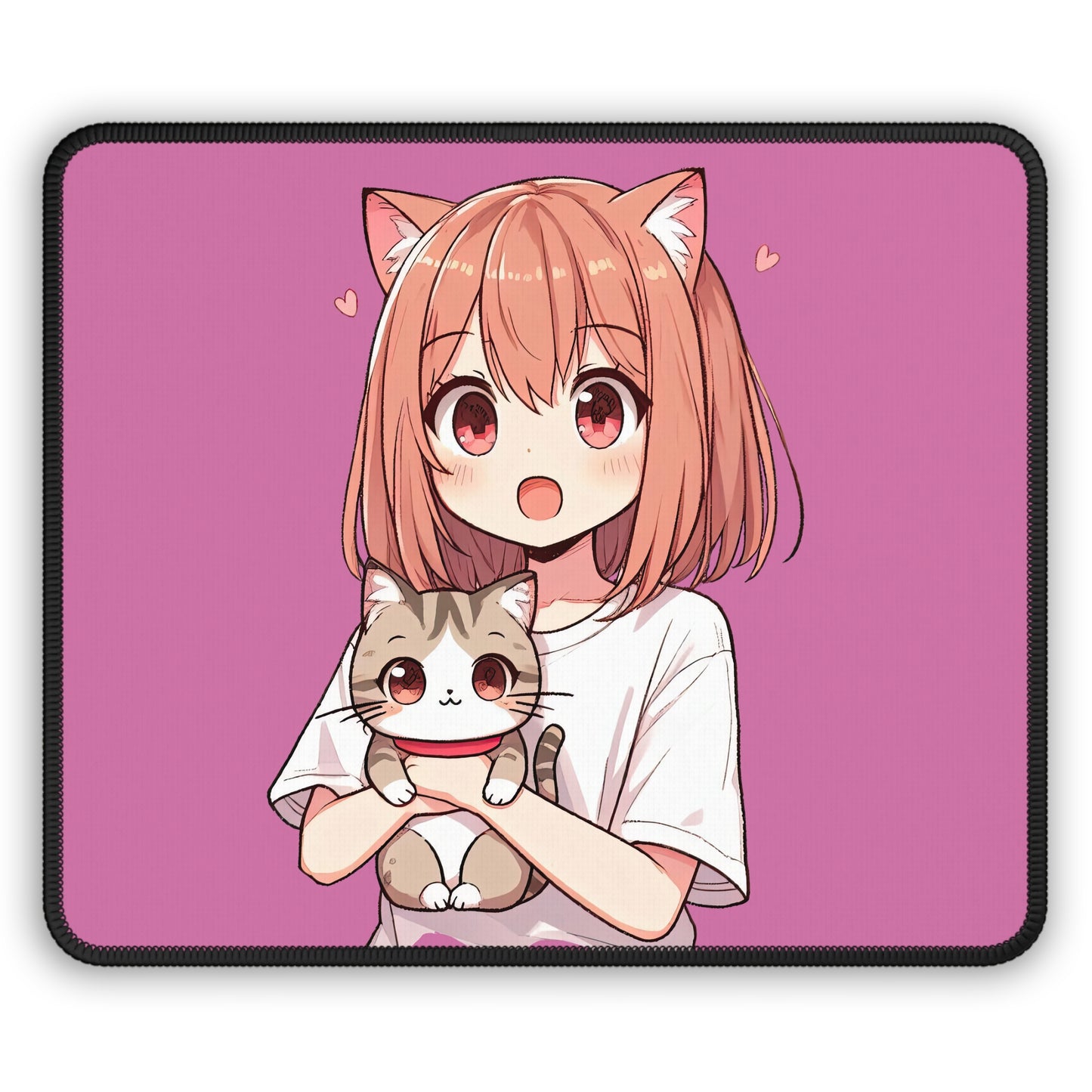 The Anime Catgirl 9x7 Neoprene Desk Mat – Kawaii Pink Mouse Pad with Neko Companion