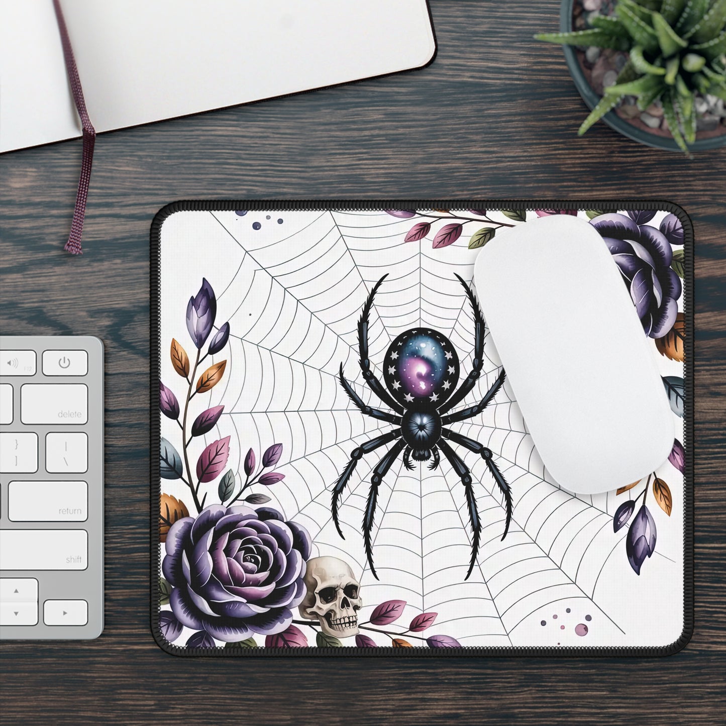 Gothic Spider Web Gaming Mouse Pad – 9x7 Neoprene Mouse Pad with Cosmic Spider, Purple Roses, and Skull Design