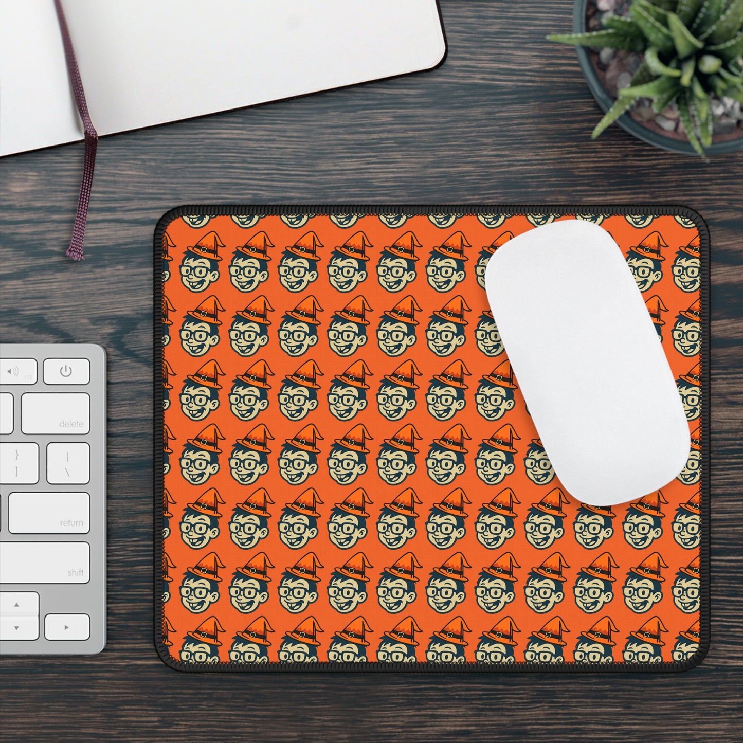 Patterned GeekPadz Face Halloween Gaming Mouse Pad – 9x7 Neoprene Mouse Pad with Orange Background and Spooky Cartoon Design