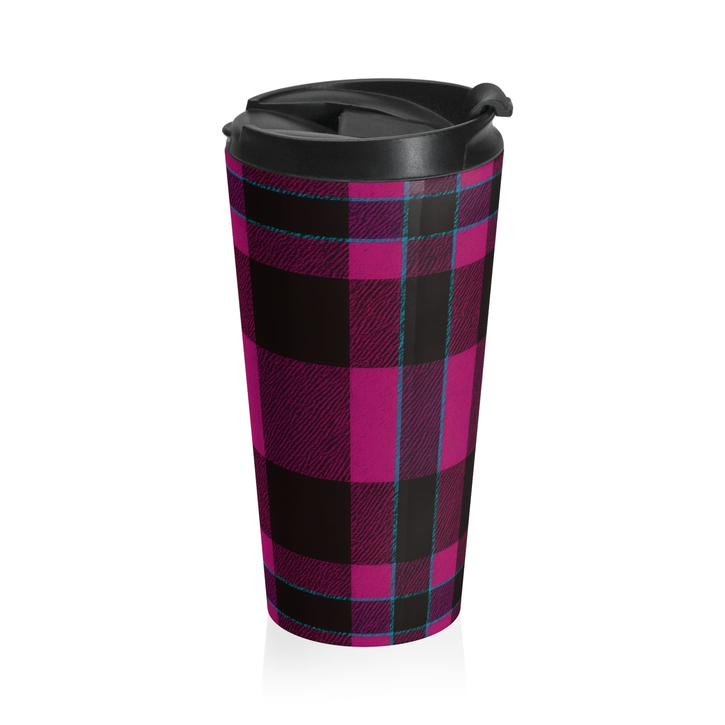 15oz “Plaid Panic” Stainless Steel Travel Mug – Magenta & Black Tartan with Blue Accents and Leak-Proof Lid